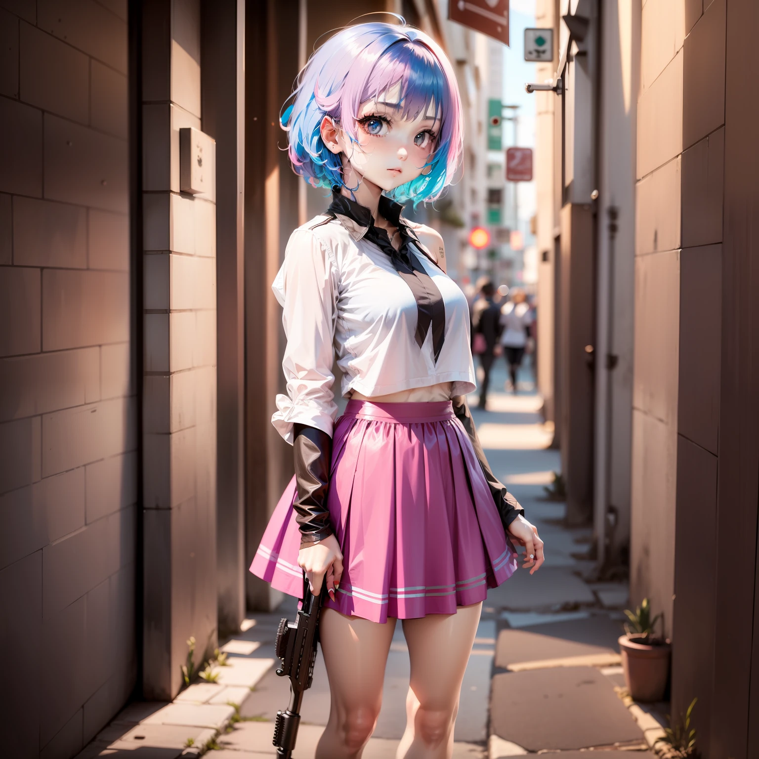 Blue haired girl in pink skirt rifle