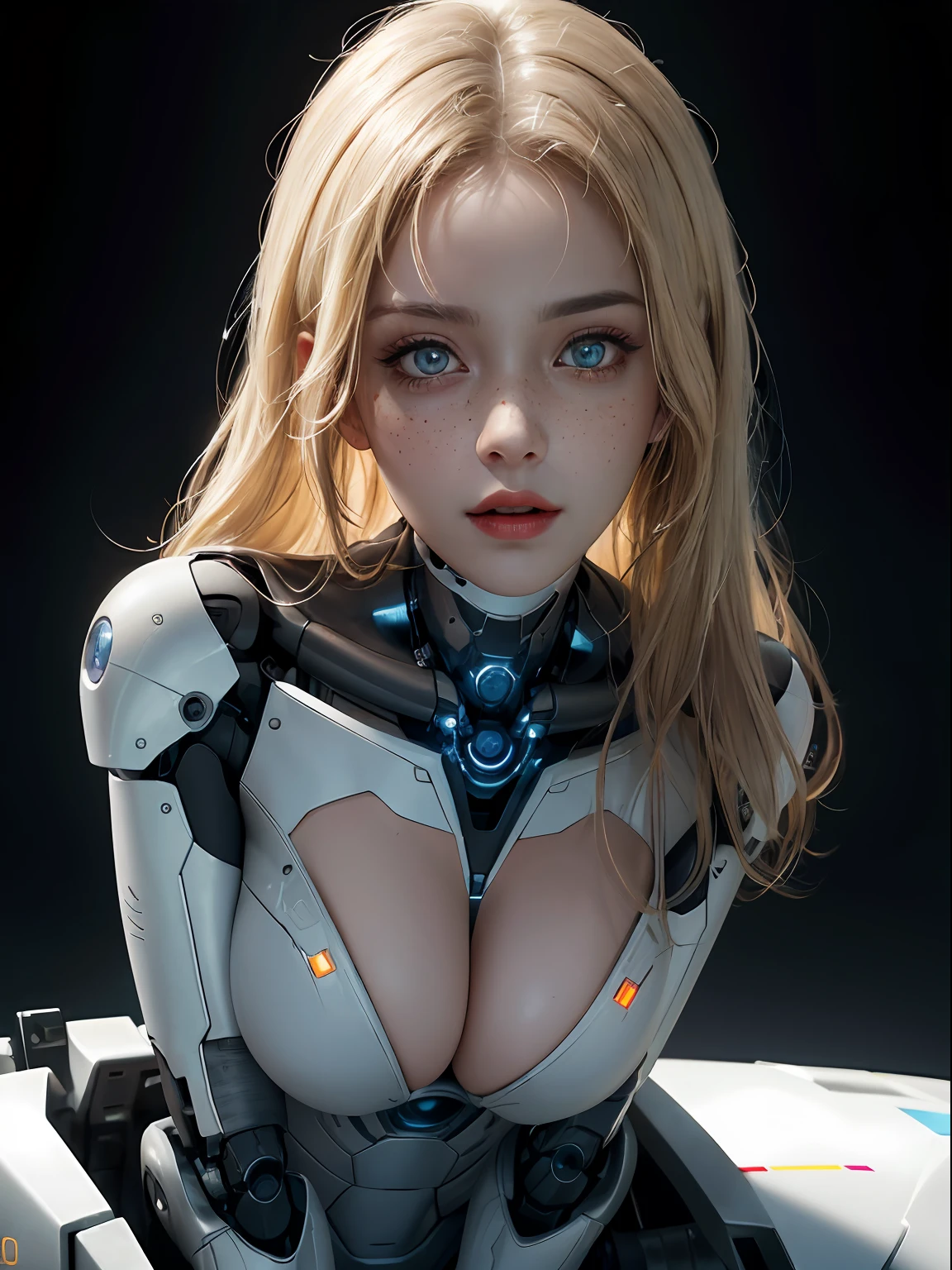 (insanely detailed, beautiful detailed face, masterpiece, best quality), blond hair, ultra detailed beautiful eyes, very long hair, looking at viewer, giant boobs, busty, glowing eyes, freckles, (futuristic white laboratory background), beautiful detailed glow, lots of glow, dominant personality, hyper-realistic, perfect hand, 1-cyborg-girl solo, (masterpiece, extremely_detailed_CG, 8k_wallpaper:1.2 ) highlight, shadow, cyborg, futuristic, human face, white robotic feminine body ,white choker, lots of lights and glows, robotic appearance,, focus on boobs, showing boobs, full body, showing, human, nsfw, naked, cyborg navel, robotic arms, robotic legs,