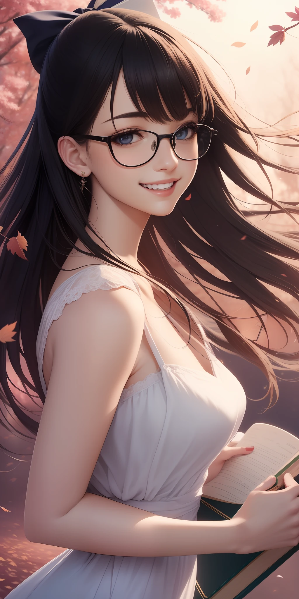 a picture of mse a beautiful woman,the most beautiful girl by agnes cecile, beautiful teacher,cheerful expression, beautiful black hair moved by the wind, hair bow tail,glasses, books in her hands,Sakura leaves in the air, dress moved by the wind,luminous design, pastel colors, ink drops, autumn lights,