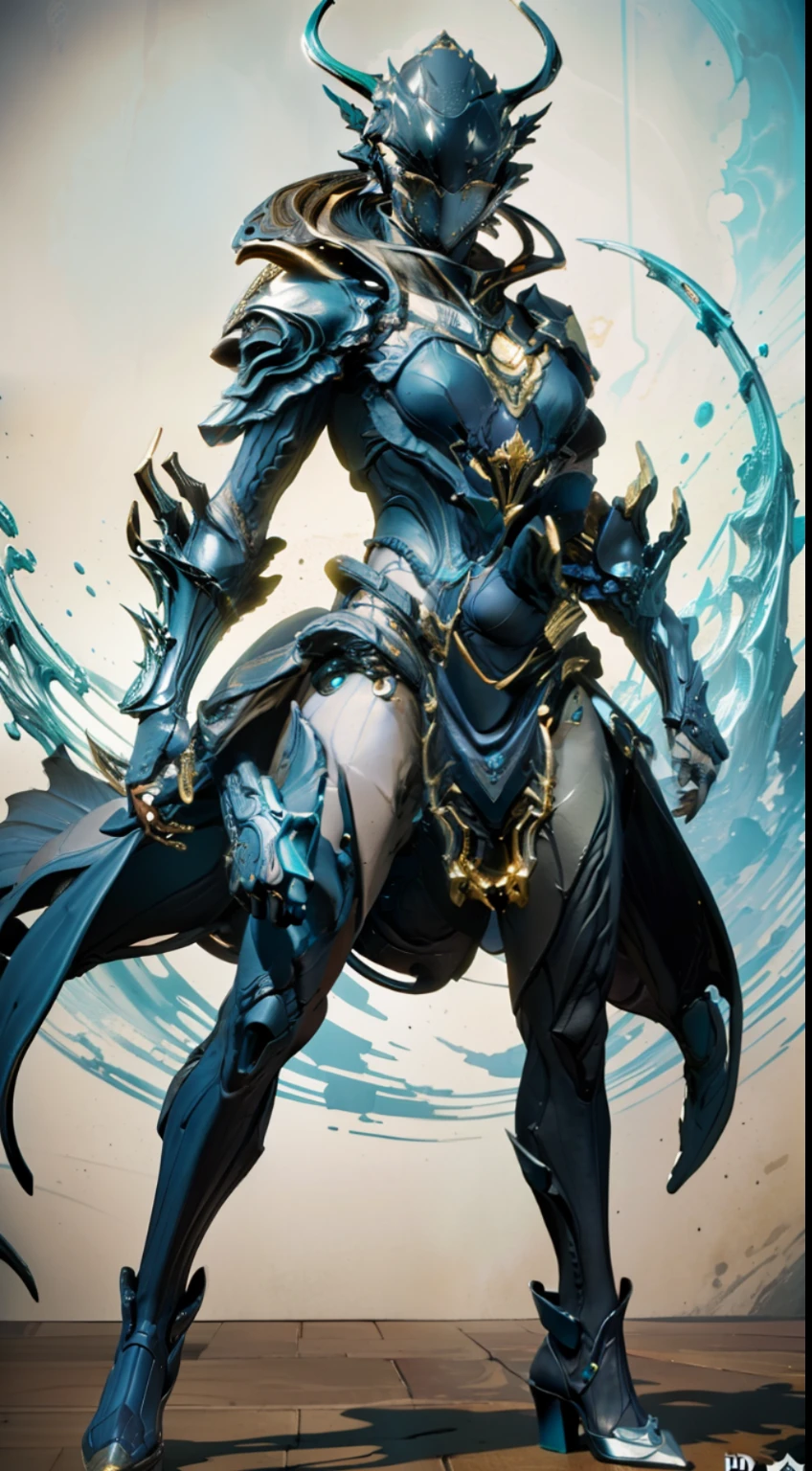 solo, super fine photo, full body picture Unreal Engine 5 8K UHD, female, navy blue color scheme armor, short dress, tattoo details, majestic luxurious fish-like helmet, , best quality, masterpiece, official art, unified 8k wallpaper, high detailed, sharp focus, dynamic pose, body parts, concept character art