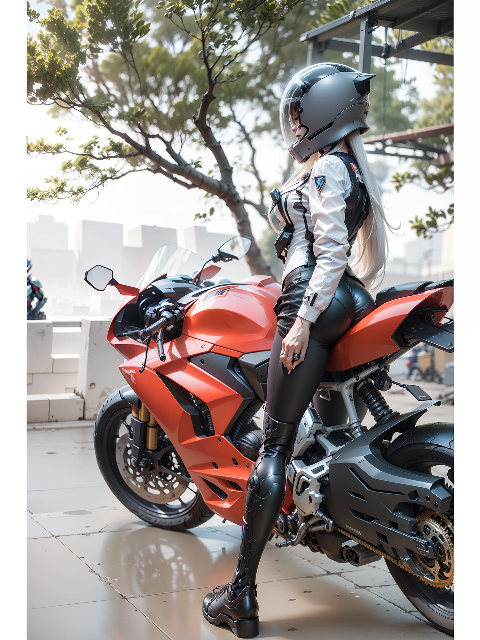 Sexy full body white mecha white long hair cyber sailor and cyber mechanical motorcycle, high-tech white full surround helmet, white long hair, Nousr, biomechanics, mshn robot woman, high-tech helmet, surreal, steel, intricate design, crazy details, fine details, extremely clear lines, cinematic lighting, photo realistic, detailed masterpiece