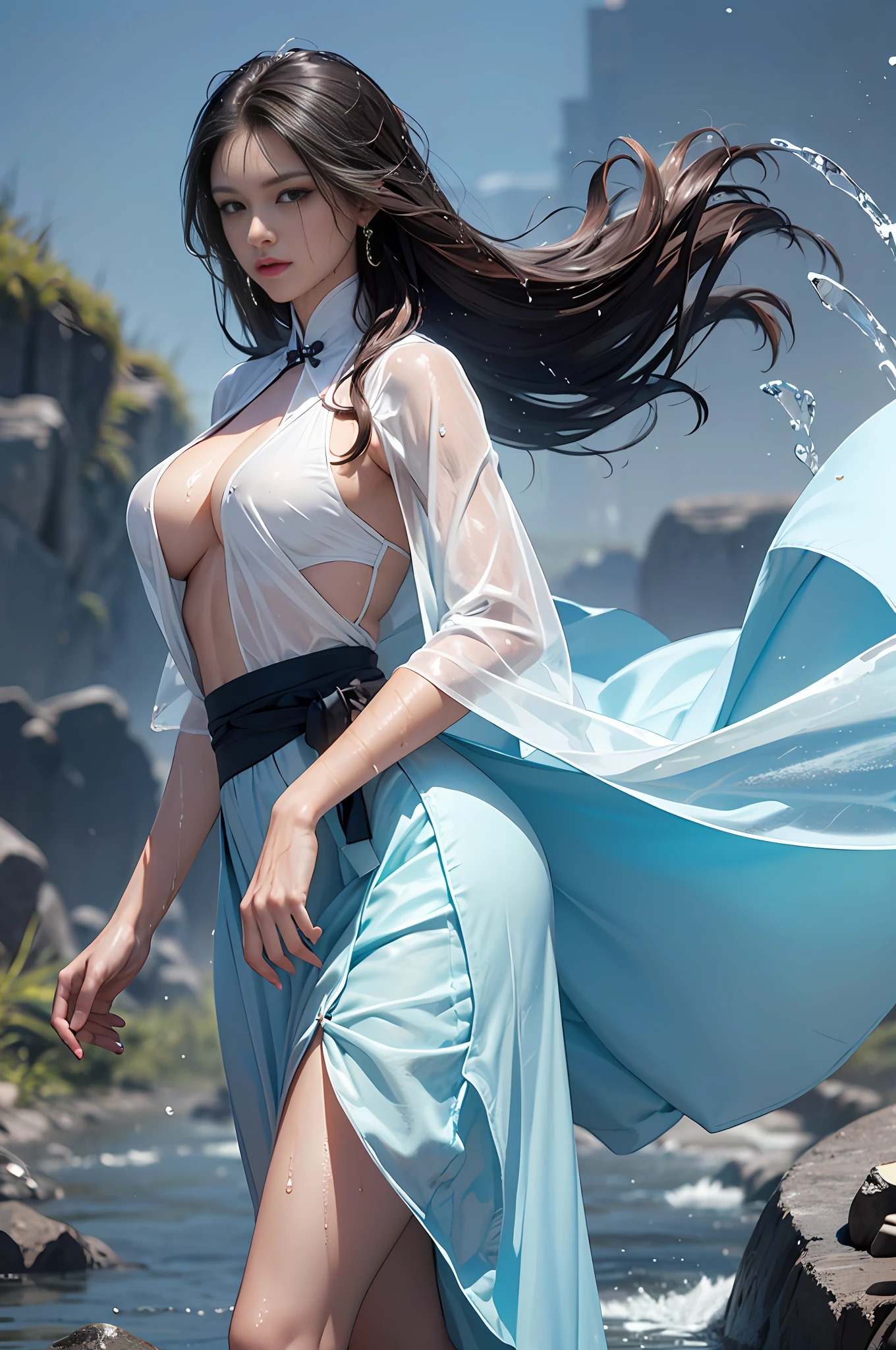 1girl, solo, brunette hair, ,(blood volume: 1),, whole body,, (realism: 1.4), official art, unreal 8k wallpaper, super detailed, beautiful aesthetics, masterpiece, best quality, (dynamic angle: 1.4), , elegant, bright colors, romanticism, sexy, transparent, see-through, Chinese hanfu, bare breast, (transparent skirt), barefoot, (wet), (see-through), (liquid flowing down the thigh), light blue skirt, --auto