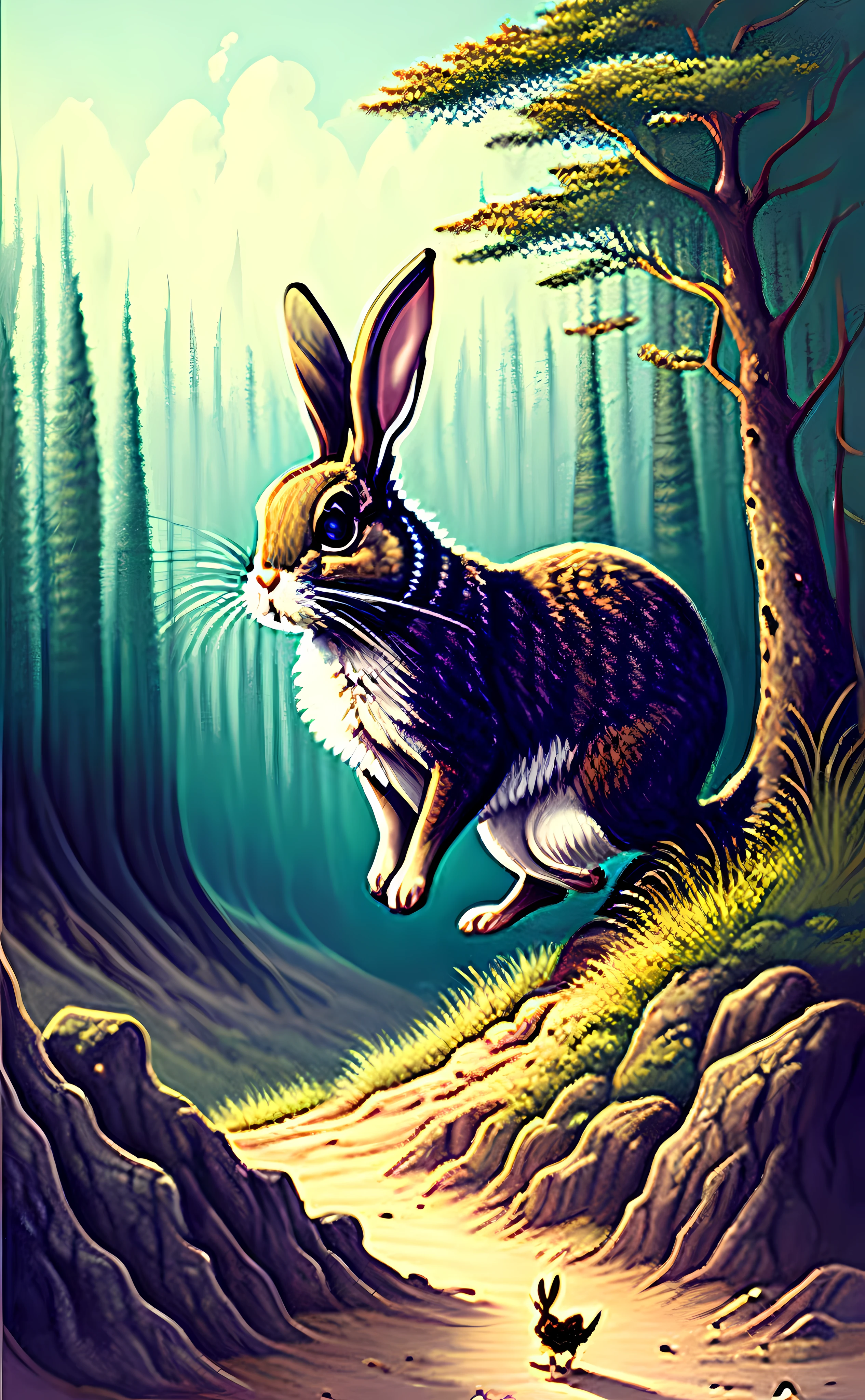 The Fool
"A brave rabbit stepping off a cliff, curious and oblivious to danger. A doglike creature eagerly warns him. A creepy forest looms in the background."