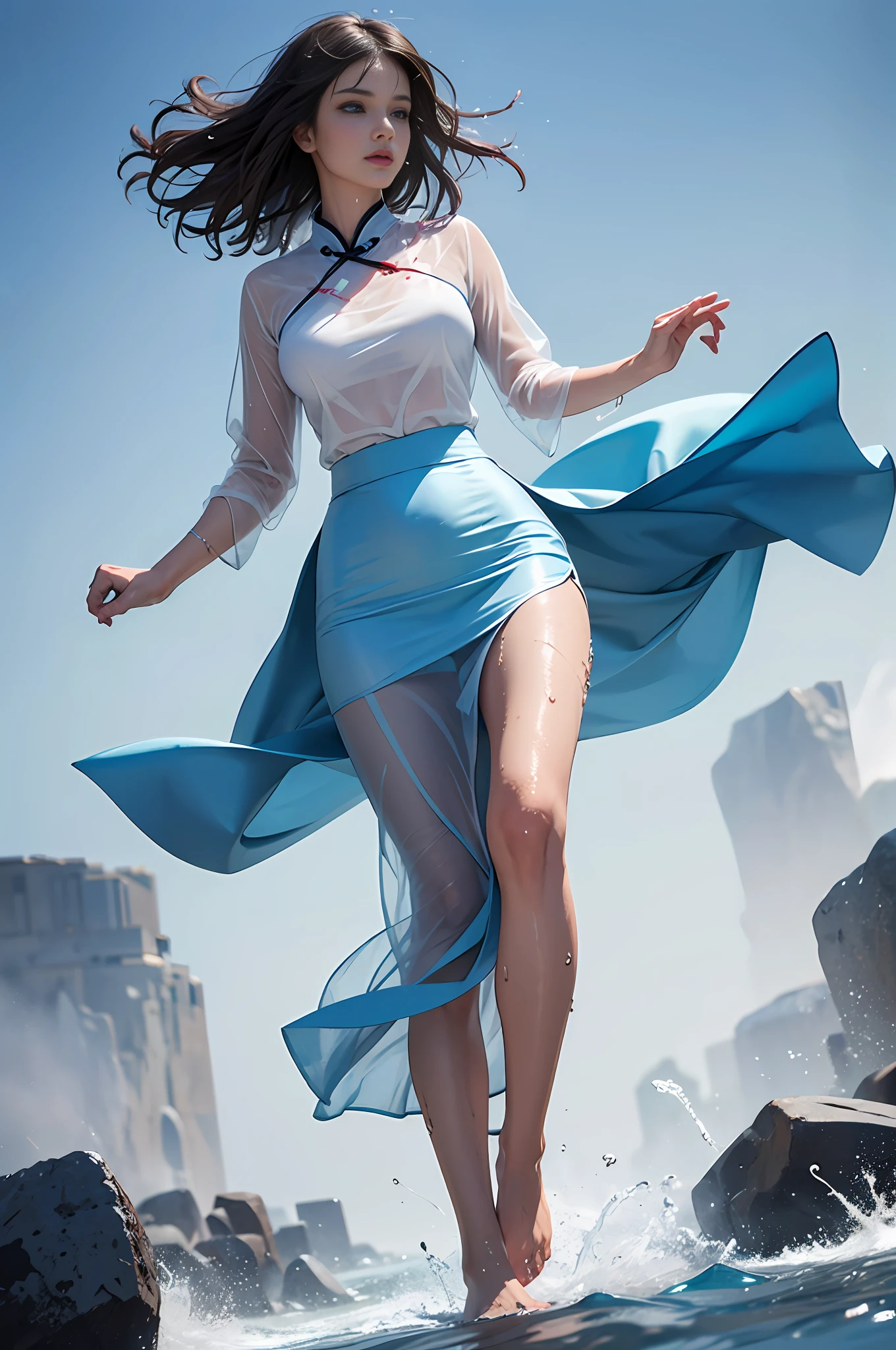 1girl, solo, brunette hair, ,(blood volume: 1),, whole body,, (realism: 1.4), official art, unreal 8k wallpaper, super detailed, beautiful aesthetics, masterpiece, best quality, (dynamic angle: 1.4), , elegant, bright colors, romanticism, sexy, transparent, see-through, Chinese hanfu, bare breast, (transparent skirt), barefoot, (wet), (see-through), (liquid flowing down the thigh), light blue skirt, --auto