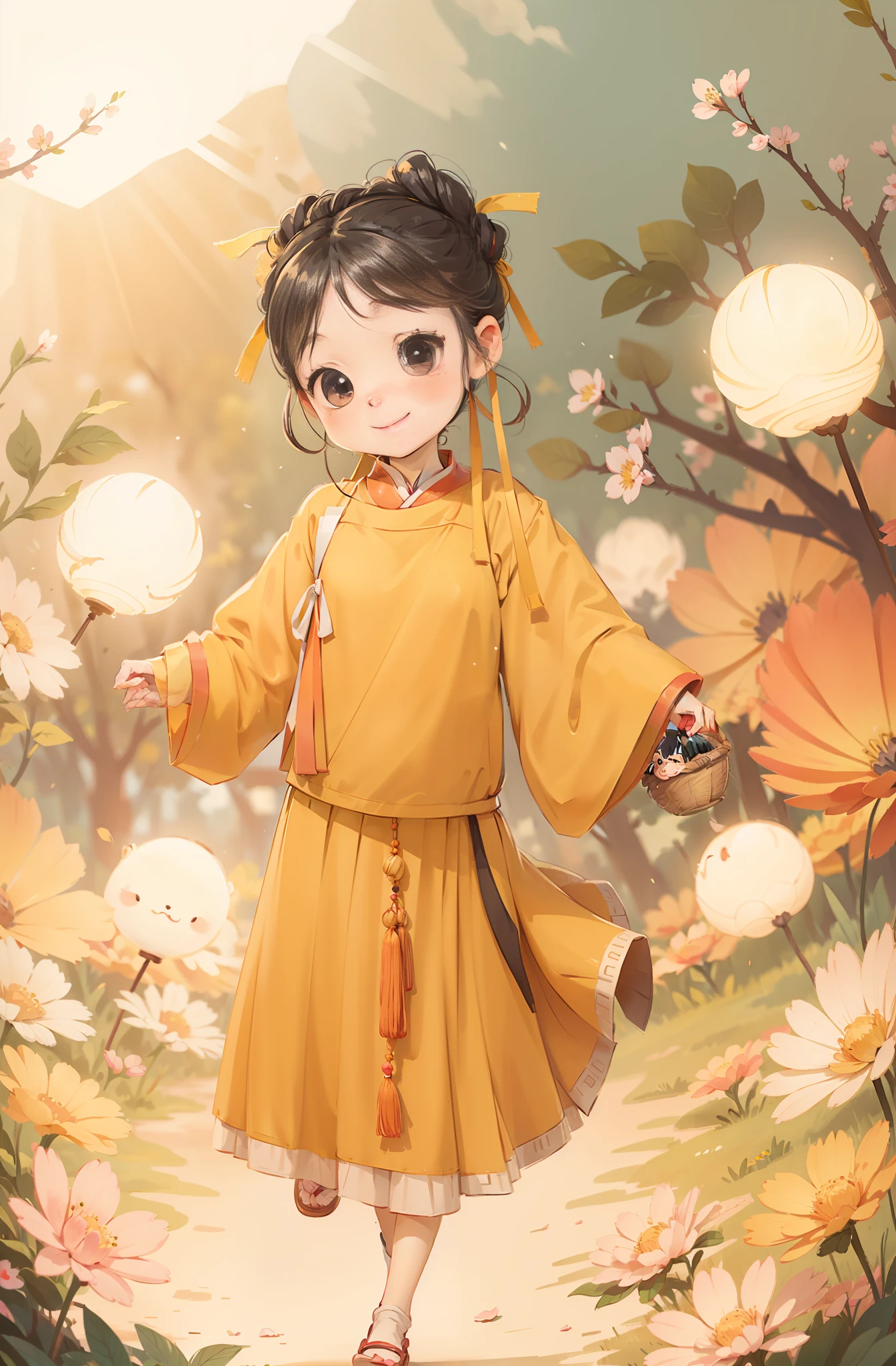 A  Chinese girl, wearing Hanfu, light yellow clothes, light skirt, carrying a small basket, wearing a horse face skirt, black hair, black eyes, cute, happy, big eyes, masterpiece, details, lighting effects, movie effects. Peach blossom place for background, blurred background, depth of field effect, cartoon, comic