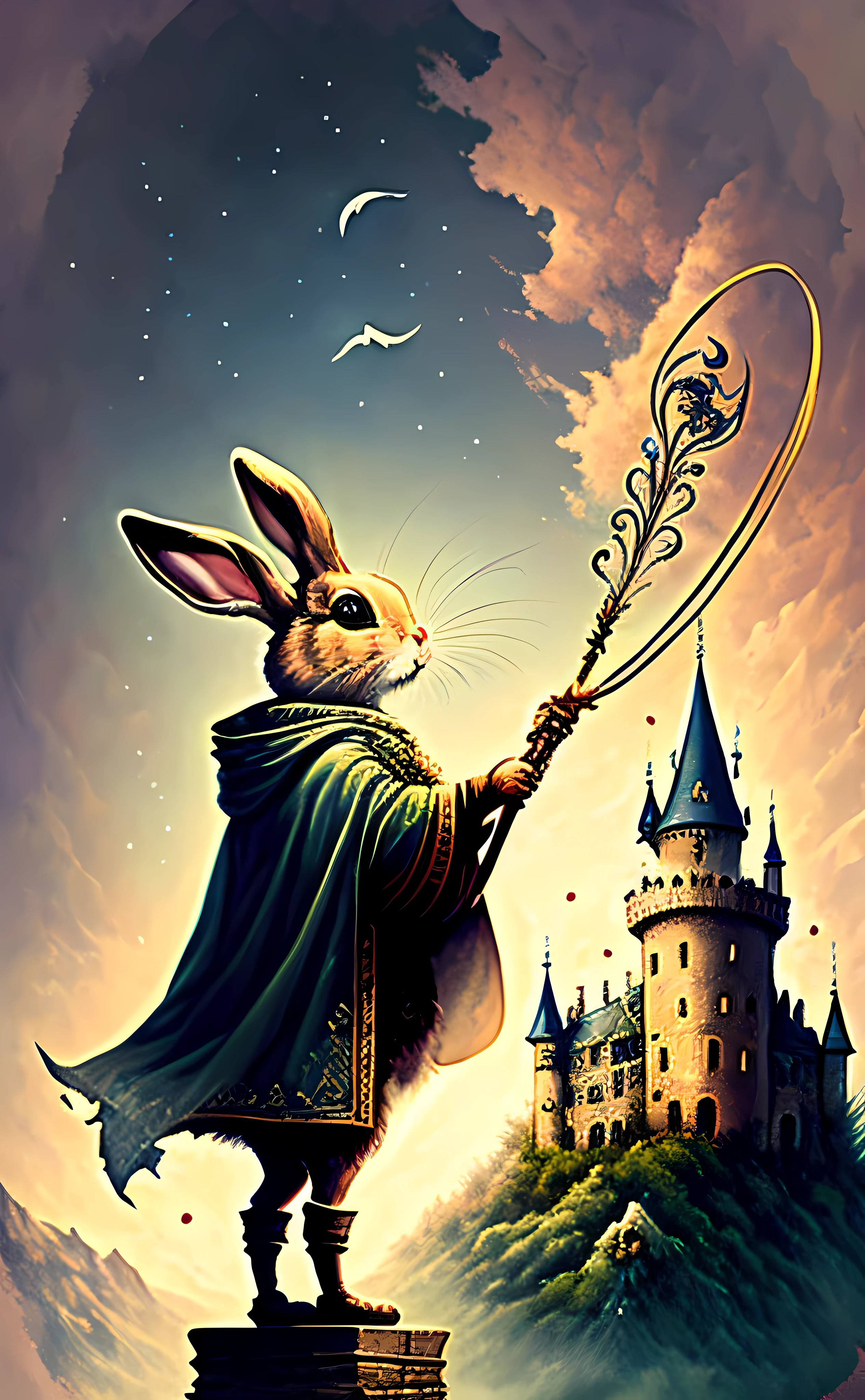 The Magician
"A rabbit in a mystical cloak, raising a wand to the sky. A symbol of infinity hovers above his head. A gloomy castle in the background."