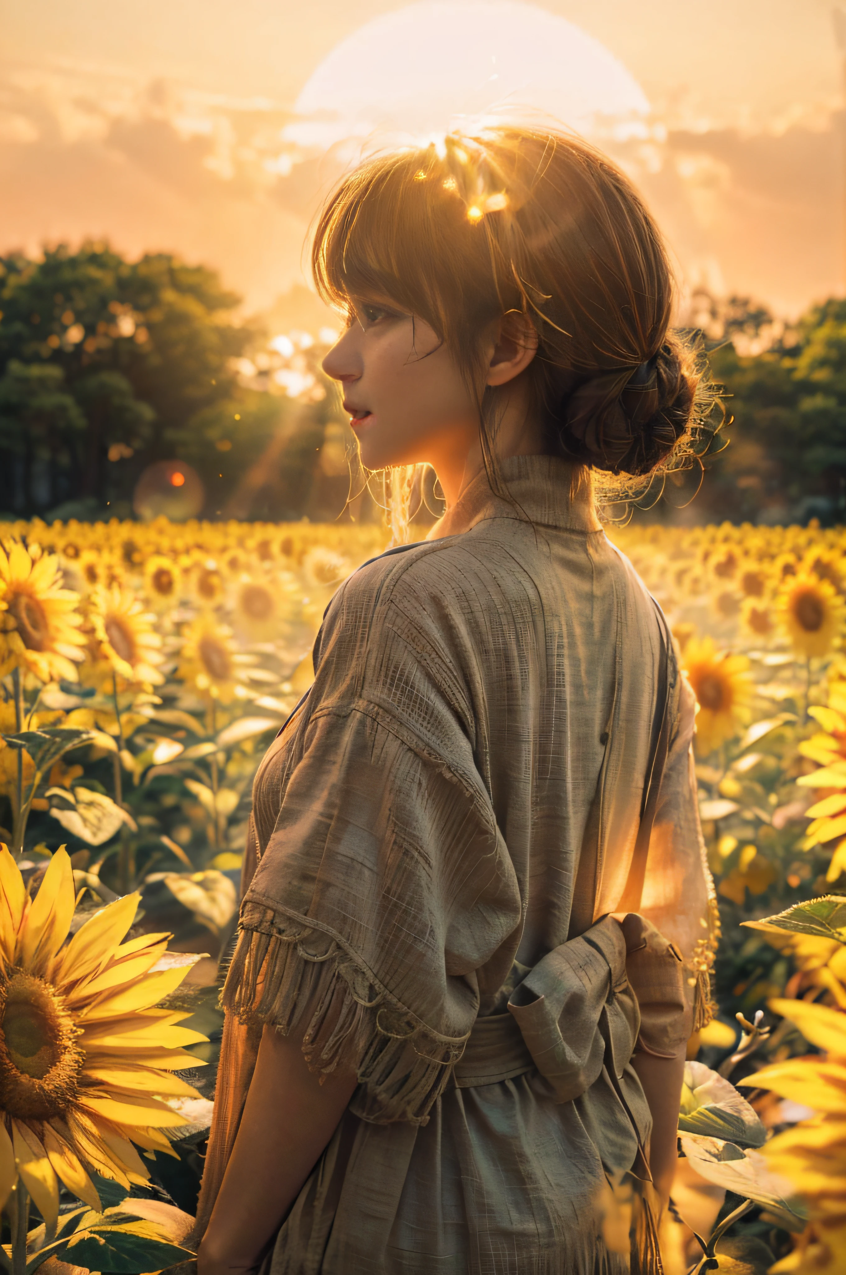 Side view, a girl in a vast sunflower plantation, wearing a green blous and a thin cardigan, looks cheerful and happy, at sunset, there is a golden sunlight penetrating from between her hair floating in the wind. (Masterpiece,realistic,best quality):1.4, delicate photo, intricate detailed, ray tracing, hi-res CG, ultra detailed, 8k wallpaper, unity, artstation, dslr, hi-res photography, best shadow, cinematic light
