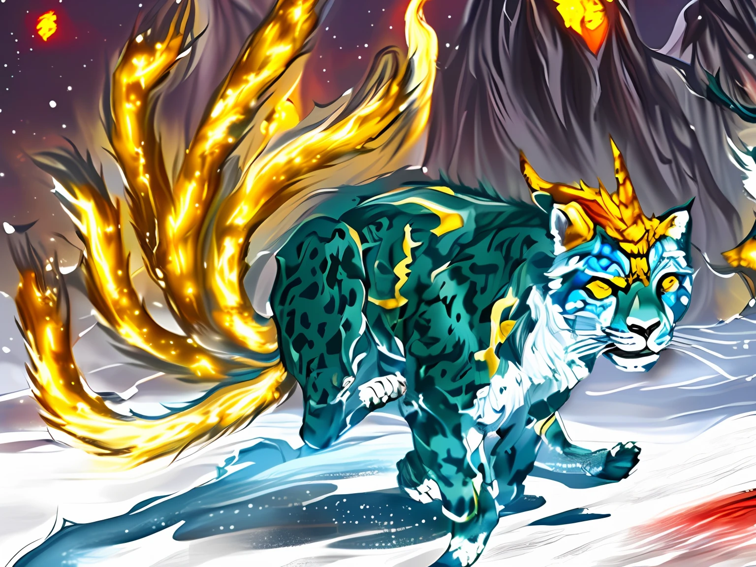 Drawing a leopard walking in the snow with blue eyes and tail, it symbolizes the Monkey King and Chinese mythology, created in the G-Leulian art style, it has detailed artistic representations of Li Kan and Bian Lian, but also adds the Akira element in the Onmyoji to present the fantasy of Gorgula.