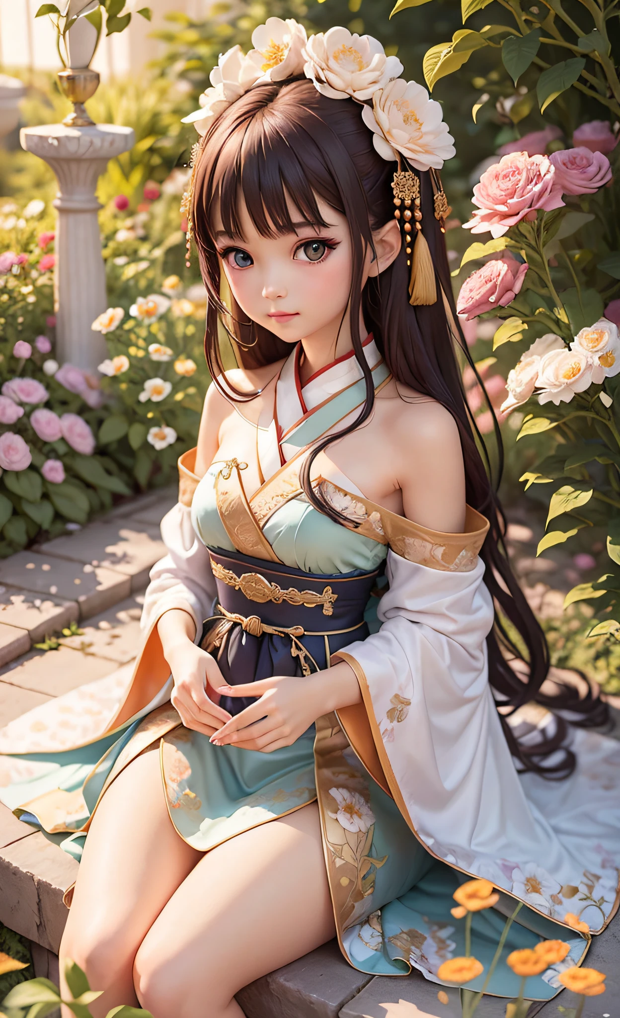 Elegant girl sitting on flower-covered steps in the garden, dressed in beautiful Hanfu, gentle eyes, like fairies in the palace, flowing Guvez style manga characters, gorgeous colors, very artistic anime works.