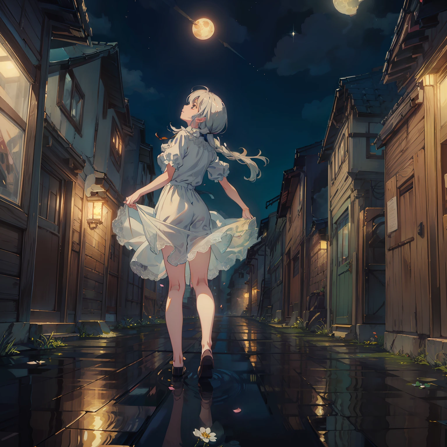 Open landscape , Landscape , Panoramic shot , (Looking up and down) , Girl in flower garden looking up , (Full moon: 1. 2) , (Shooting star: 0. 9) , (Nebula: 1. 3) , Starry sky , White flower garden , Shining flower garden , Fantastic flower garden , Trees , (Warm light source: 1. 2), (Firefly: 1. 2), lamp 3), Starry sky, White flower garden, (Warm Light Source: 1. 2), (Firefly: 1. 2), Lamp, Orange and Blue fine detail, (Masterpiece: 1. 2), (Top Quality), 4k, Ultra-fine detail, (Dynamic Composite: 1. 2), (Top Quality), Lamp, Orange and Blue voluminous lighting Main Fine Detail BREAK ((Masterpiece: 1.2), (Top Quality), 4k, Ultra Fine Detail, (Dynamic Composition: 1.4), Very Fine Detail, Colorful Detail, (Iridescent: 1. 2), (Luminous Lighting, Ambient Lighting), Dreamlike ( Ambient Lighting), Dreamlike, Fantastic, (Solo: 1.2), Glitter, Glitter, Petals Dancing, Light Dancing, White Hair, Beautiful Hair, Long Hair, Hair Dancing, Back View, Puddle, Soap Bubble, Pose, Long Skirt, Solid White Dress, Lace Short Sleeved Dress