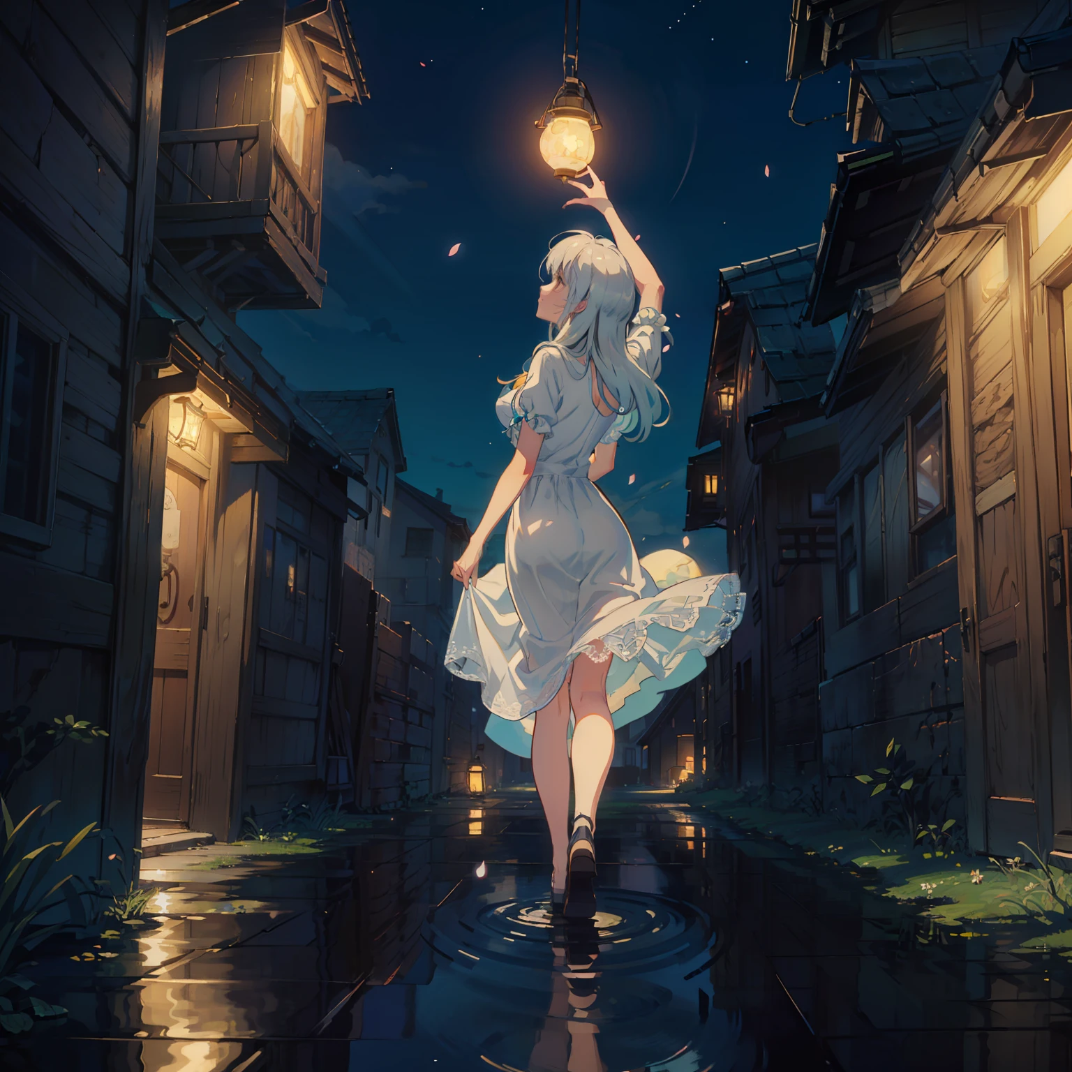 Open landscape , Landscape , Panoramic shot , (Looking up and down) , Girl in flower garden looking up , (Full moon: 1. 2) , (Shooting star: 0. 9) , (Nebula: 1. 3) , Starry sky , White flower garden , Shining flower garden , Fantastic flower garden , Trees , (Warm light source: 1. 2), (Firefly: 1. 2), lamp 3), Starry sky, White flower garden, (Warm Light Source: 1. 2), (Firefly: 1. 2), Lamp, Orange and Blue fine detail, (Masterpiece: 1. 2), (Top Quality), 4k, Ultra-fine detail, (Dynamic Composite: 1. 2), (Top Quality), Lamp, Orange and Blue voluminous lighting Main Fine Detail BREAK ((Masterpiece: 1.2), (Top Quality), 4k, Ultra Fine Detail, (Dynamic Composition: 1.4), Very Fine Detail, Colorful Detail, (Iridescent: 1. 2), (Luminous Lighting, Ambient Lighting), Dreamlike ( Ambient Lighting), Dreamlike, Fantastic, (Solo: 1.2), Glitter, Glitter, Petals Dancing, Light Dancing, White Hair, Beautiful Hair, Long Hair, Hair Dancing, Back View, Puddle, Soap Bubble, Pose, Long Skirt, Solid White Dress, Lace Short Sleeved Dress
