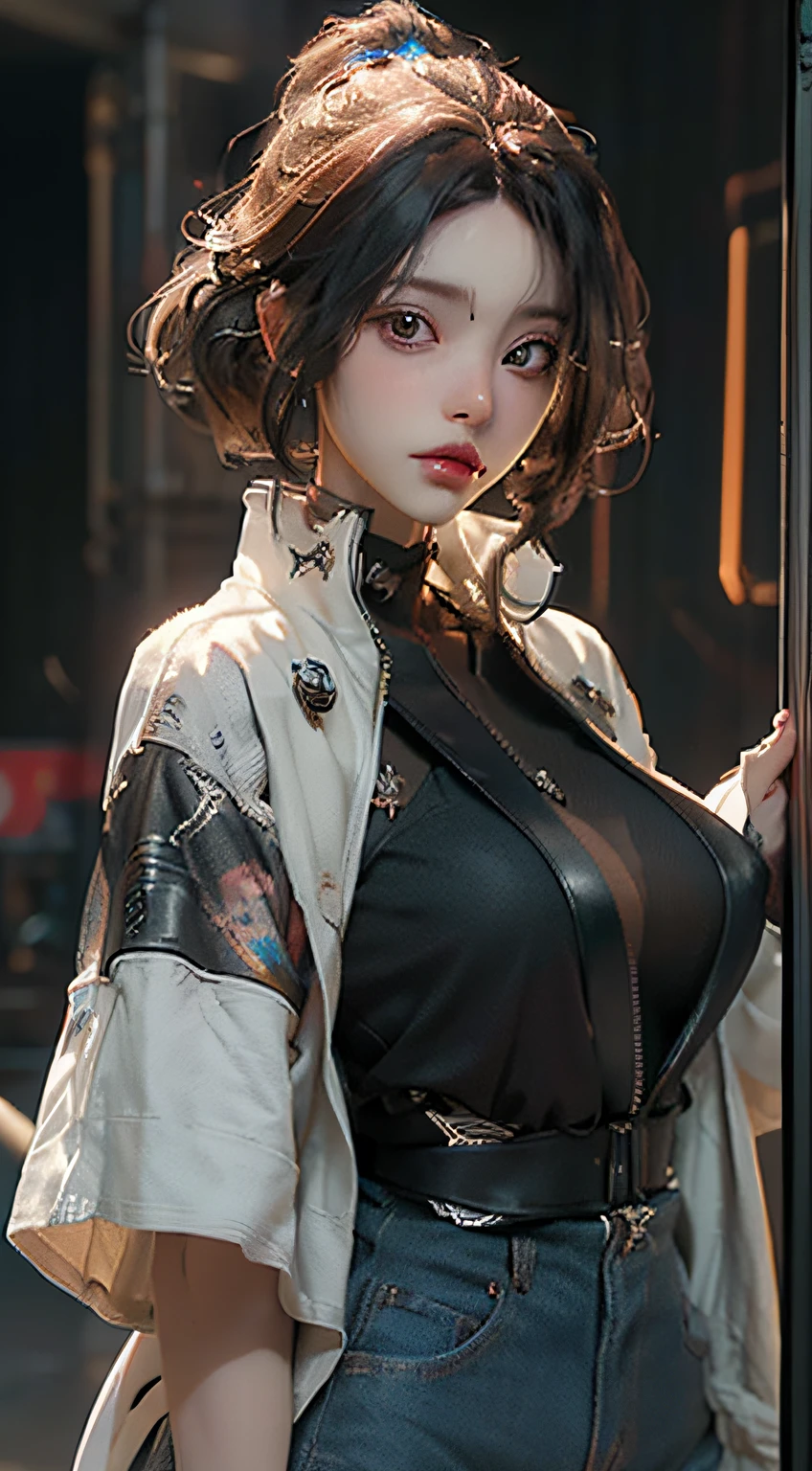 ((Best quality)), ((masterpiece)), (detailed:1.4), 3D, an image of a beautiful cyberpunk female,HDR (High Dynamic Range),Ray Tracing,NVIDIA RTX,Super-Resolution,Unreal 5,Subsurface scattering,PBR Texturing,Post-processing,Anisotropic Filtering,Depth-of-field,Maximum clarity and sharpness,Multi-layered textures,Albedo and Specular maps,Surface shading,Accurate simulation of light-material interaction,Perfect proportions,Octane Render,Two-tone lighting,Wide aperture,Low ISO,White balance,Rule of thirds,8K RAW,