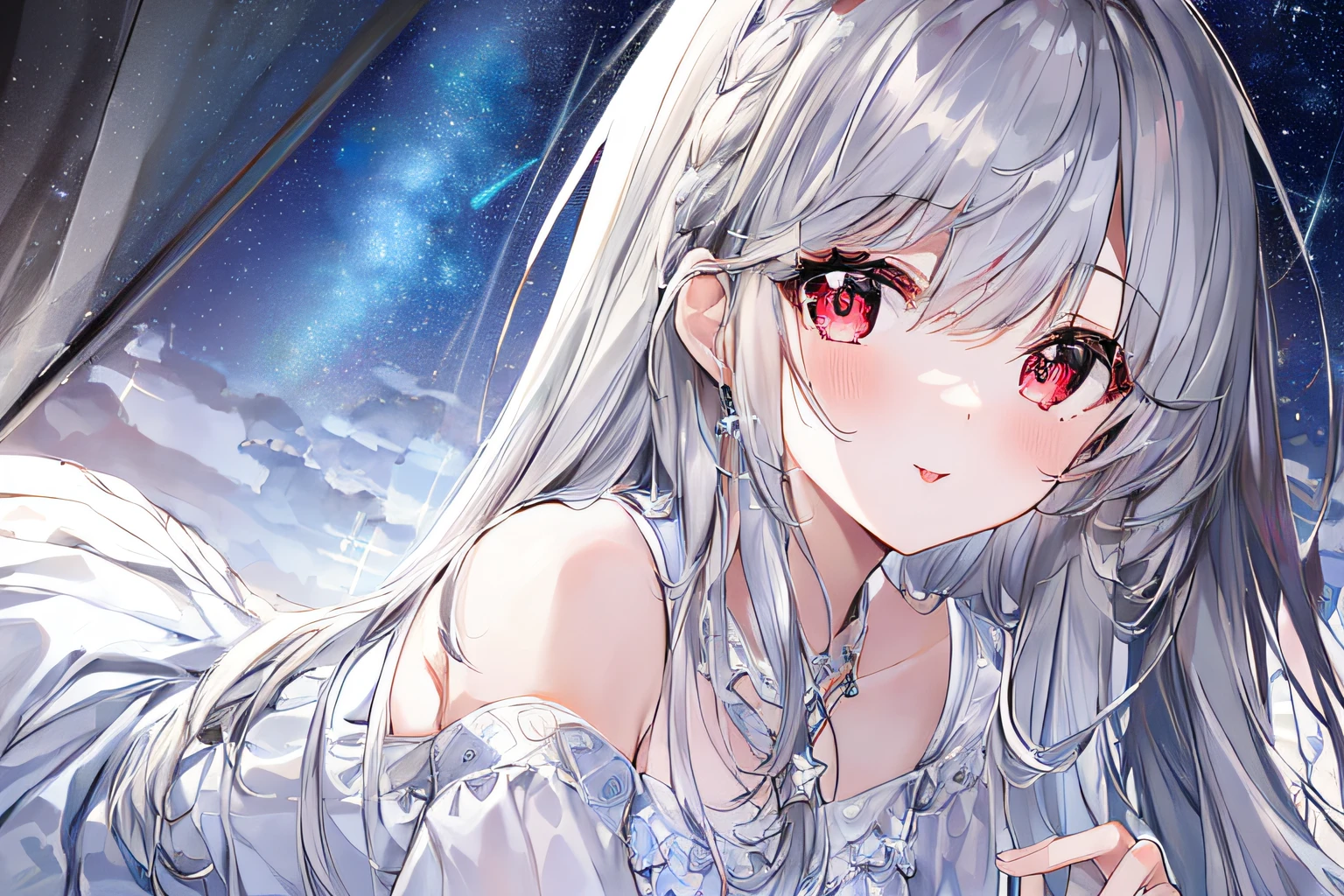1girl, full body, denim photo, (Rembrandt), illustration, (masterpiece), (best quality), (ultra_detailed), finely detail, (Depth of field), , glove, long hair, star\ (symbol\), looking at viewer, (silver hair:1.2), red eyes, upper body, hair ornament, :p, frills, pink shirt, smile, sleeveless, shirt, idol, symbol-shaped pupils, hands up, sleeveless, shirt, idol, symbol-shaped pupil, bangs, side up, star-shaped pupil, arms up, skirt pulling, roaring twenties, isometric, seen from above, sky, flowerscliff