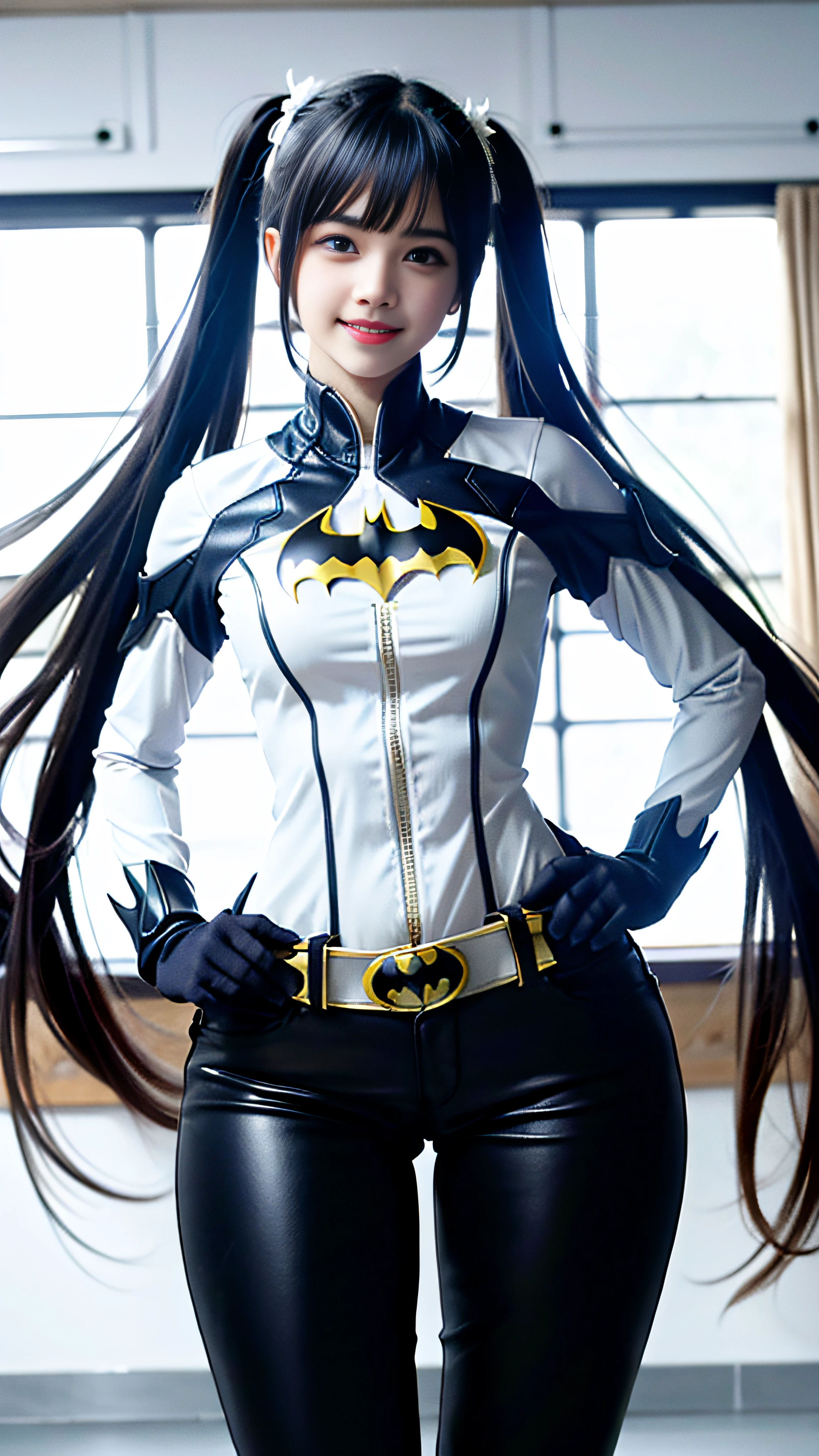 (Emma Watson:0.6),1girl, solo, very long hair, twintails, blue eyes, smile, standing, dynamic pose, 8k, masterpiece, best quality, absurdres, perfect anatomy, cinematic lighting, cowboy shot, (batman costume:1.1), Close up,Moderate hips,Leather pants