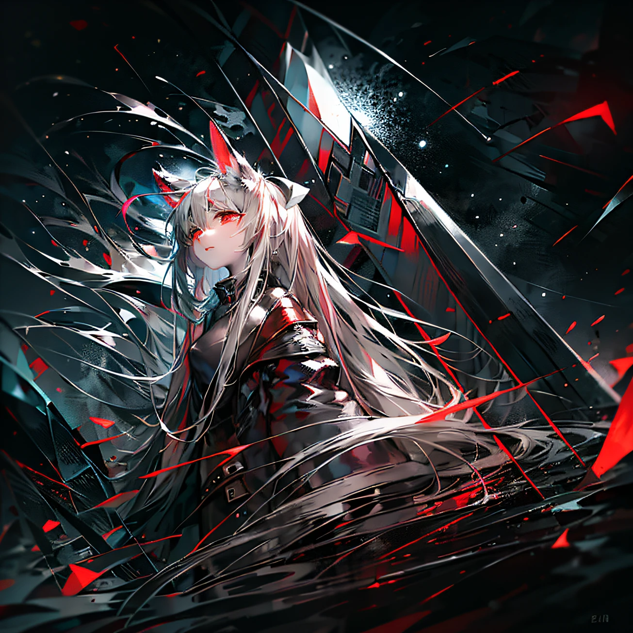 High quality, 8K, plush, wolf, female, black and white hair, full body, bright red eyes, black trench coat, night, starry sky