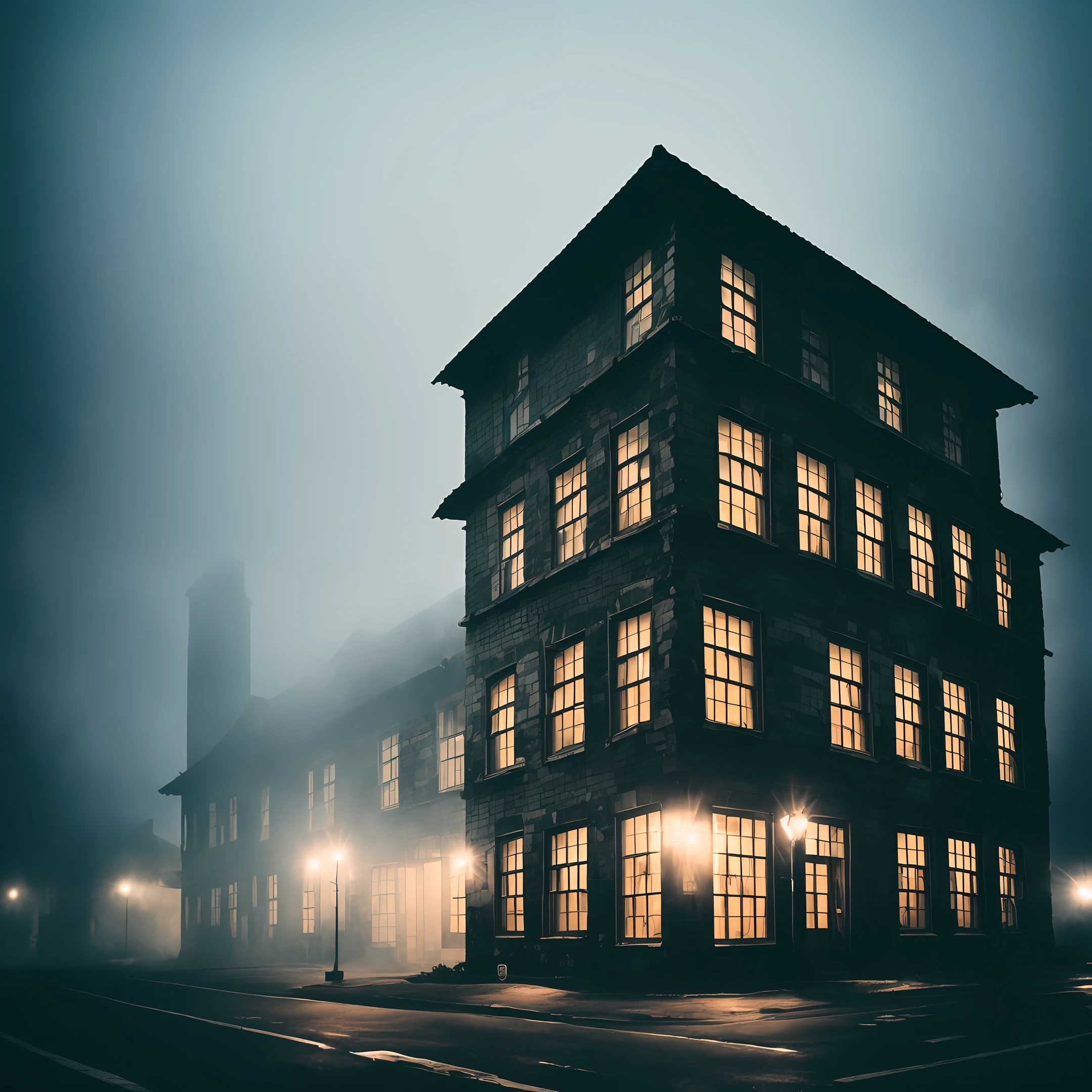 A dark old building, Dark and foggy weather, Night