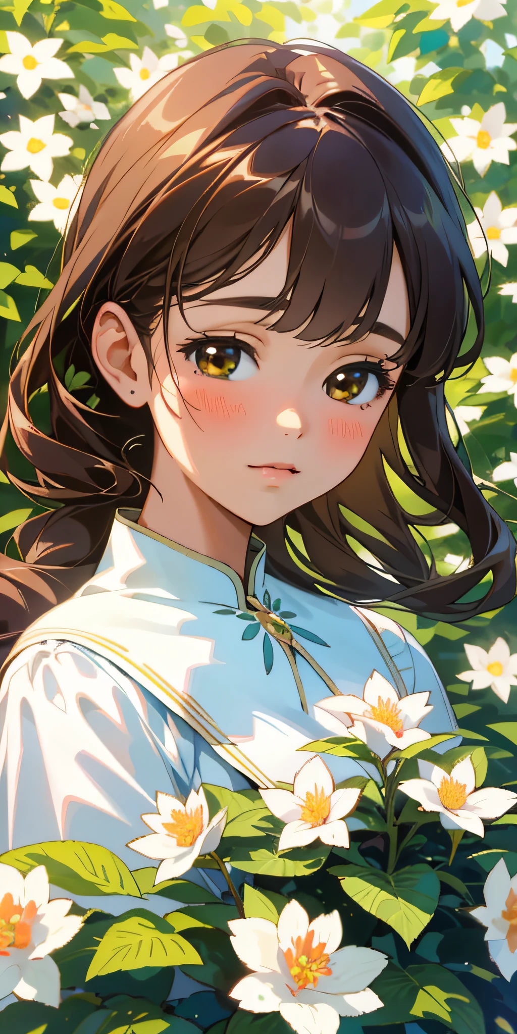 (best quality, masterpiece, ultra-realistic), portrait of 1 beautiful and delicate girl, with a soft and peaceful expression, the background scenery is a garden with flowering bushes and butterflies flying around.