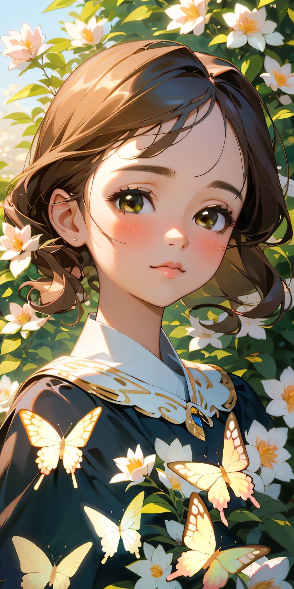 (best quality, masterpiece, ultra-realistic), portrait of 1 beautiful and delicate girl, with a soft and peaceful expression, the background scenery is a garden with flowering bushes and butterflies flying around.