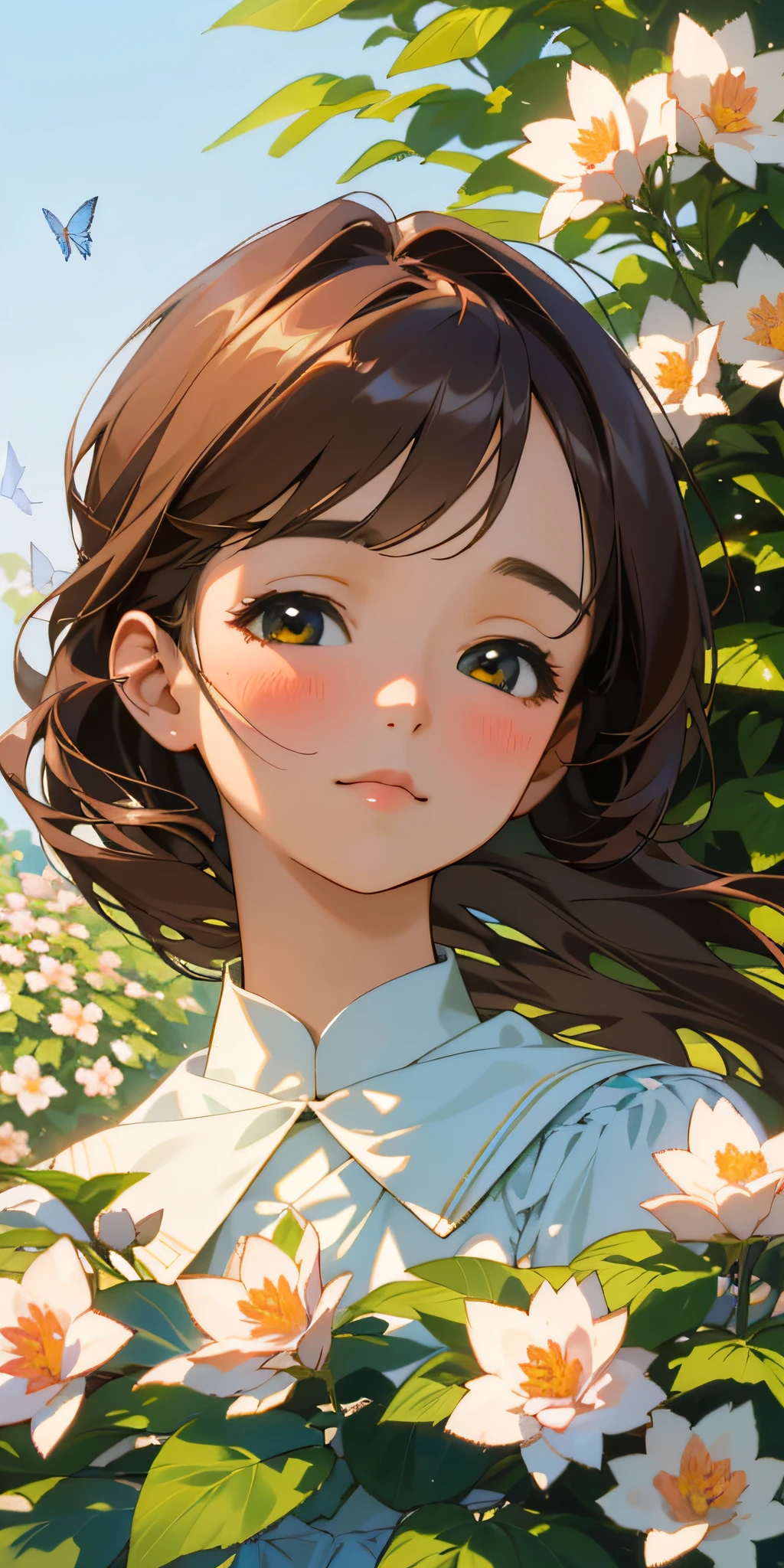 (best quality, masterpiece, ultra-realistic), portrait of 1 beautiful and delicate girl, with a soft and peaceful expression, the background scenery is a garden with flowering bushes and butterflies flying around.