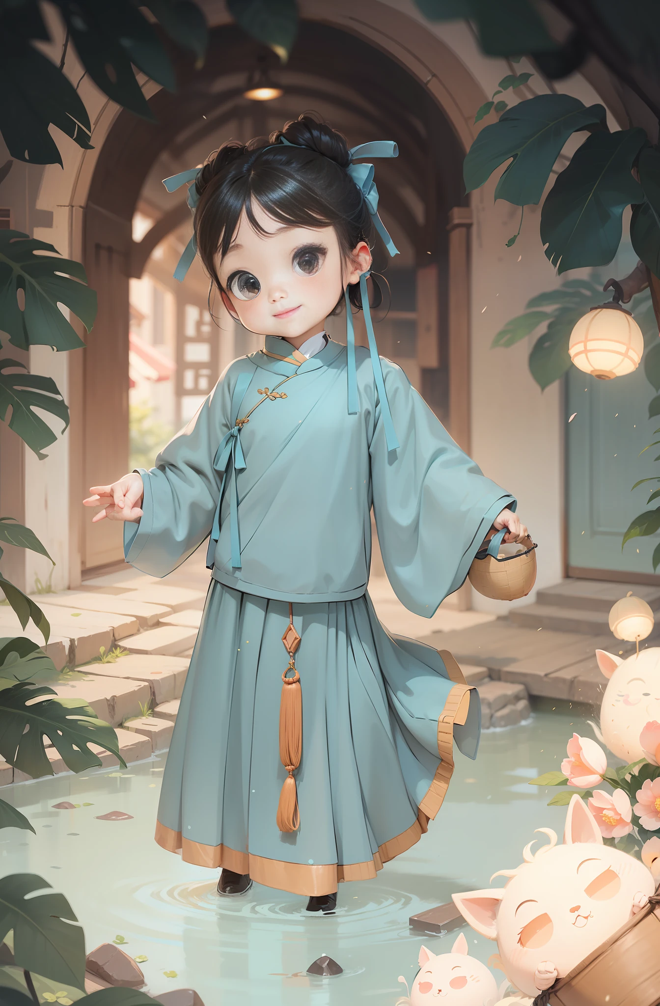 A little Chinese girl, wearing Hanfu, light blue clothes, light-colored skirt, carrying a small basket, wearing a horse face skirt, black hair, black eyes, cute, happy, big eyes, masterpiece, details, lighting effects, movie effects. Peach blossom place for background, blurred background, depth of field effect, cartoon, comic