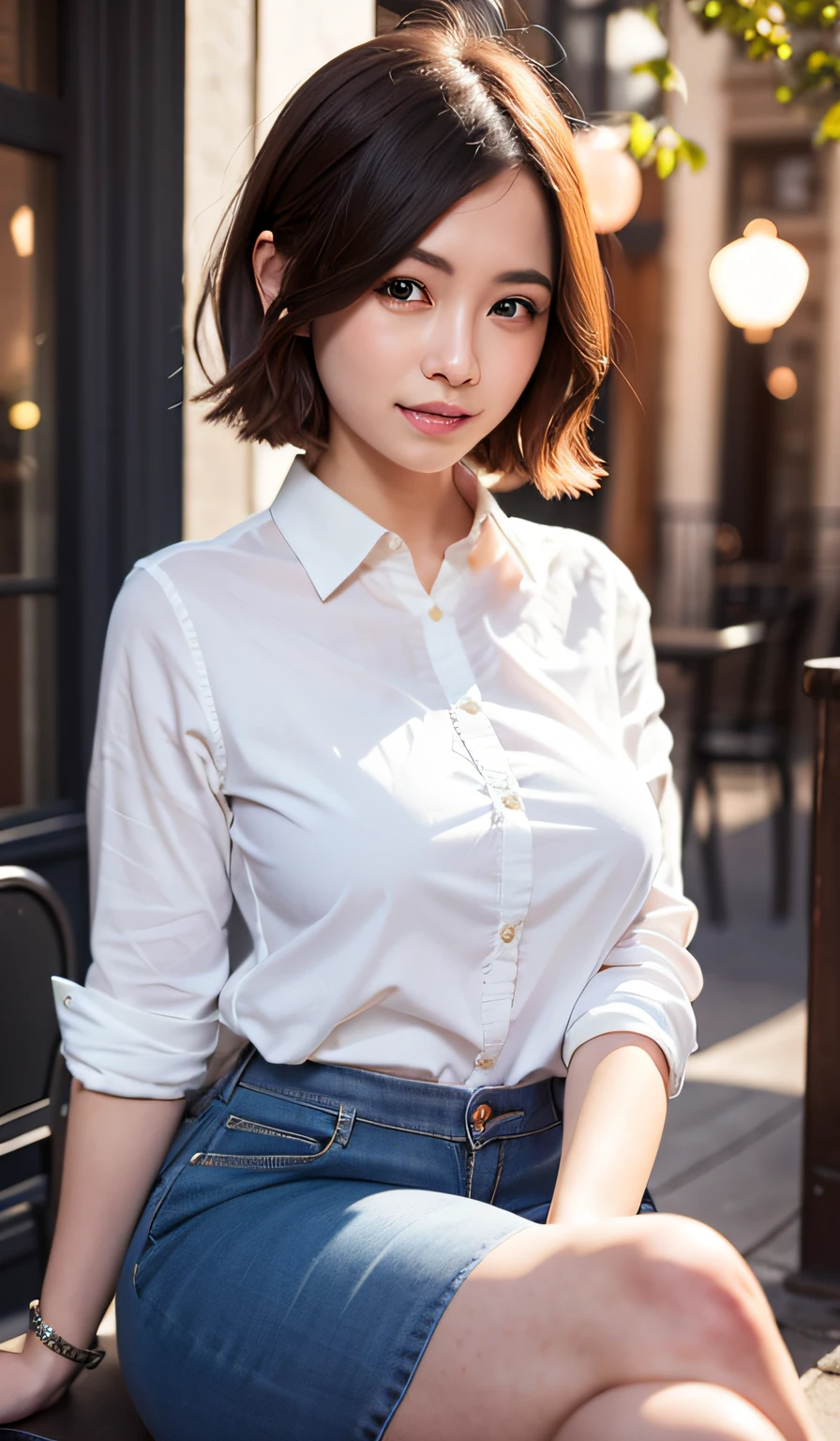 (8k, RAW photo, best quality, masterpiece:1.2), (realistic, photo-realistic:1.37), ultra-detailed,
1 girl,cute, solo,beautiful detailed sky,detailed cafe,night,sitting,dating,(nose blush),(smile:1.1),(closed mouth),large breasts, seductive smile, large aparture, professional lighting, Sony A7R4, Zessie 50mm F1.8,
medium breasts,beautiful detailed eyes,(collared shirt:1.1), bowtie,pleated skirt,(short hair:1.2),floating hair