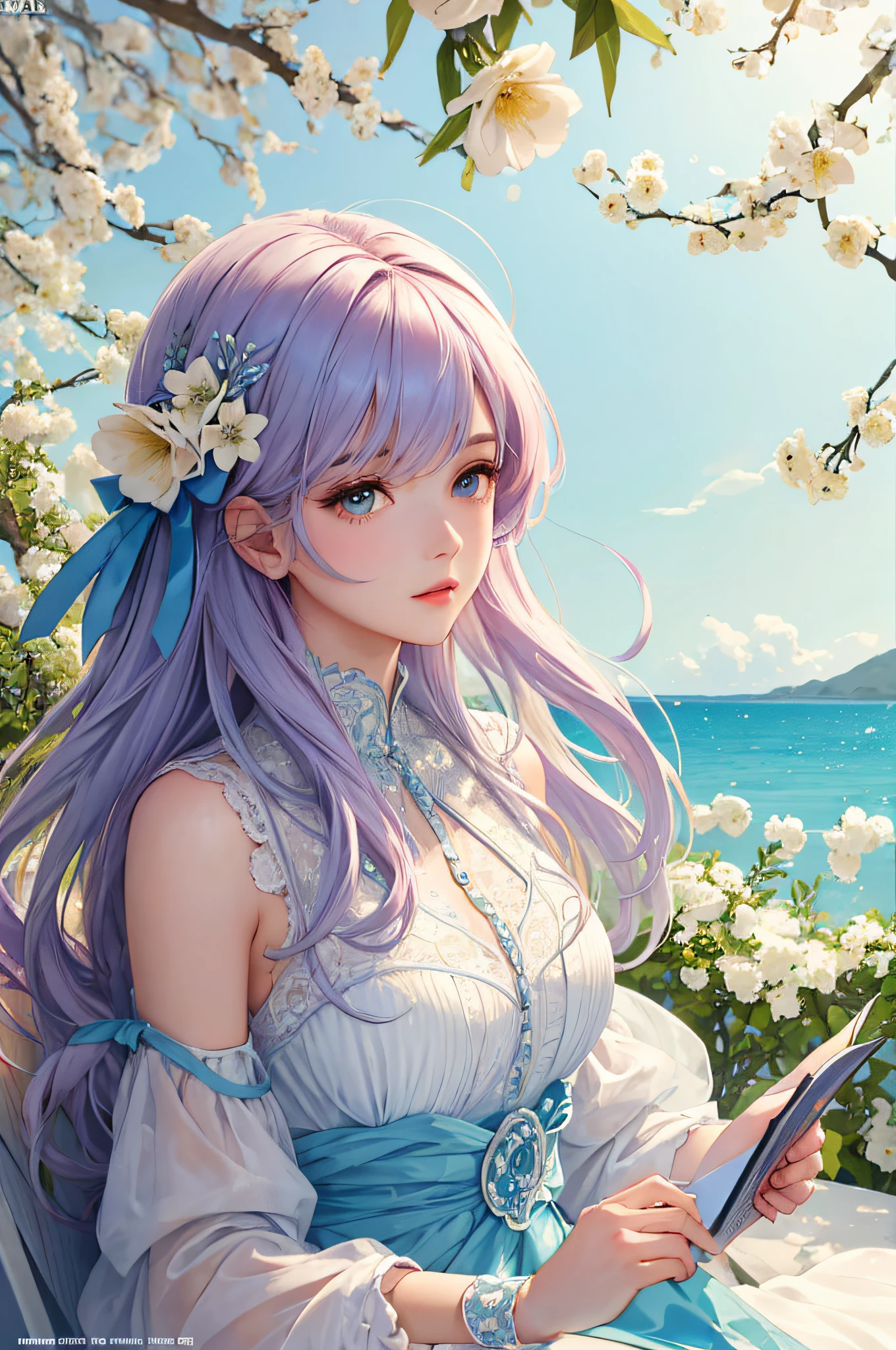 anime girl with long purple hair sitting on a bench in front of a tree, beautiful anime portrait, beautiful anime girl, anime style 4 k, detailed digital anime art, anime art wallpaper 4 k, anime art wallpaper 4k, artwork in the style of guweiz, anime art wallpaper 8 k, guweiz on pixiv artstation, anime wallpaper 4 k