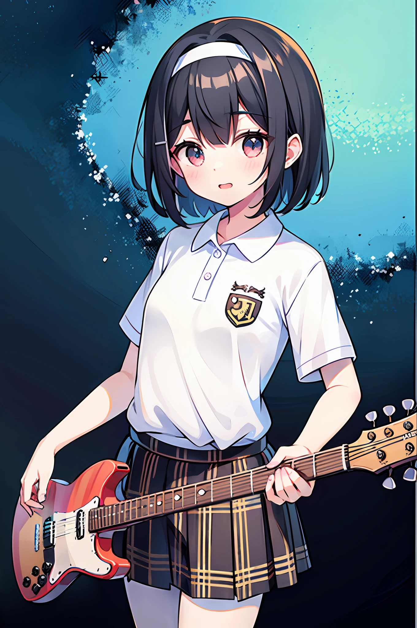 Top Quality, Ultra High Definition, 1 16 Year Old Girl, Short Hair, Black Hair, Hair Band, Small, White Short Sleeved Polo Shirt, Plaid Skirt, Guitar