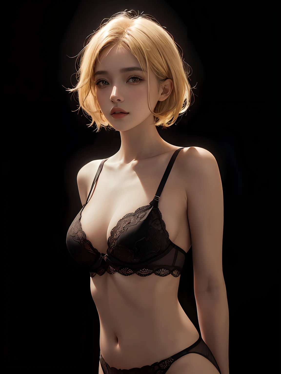 beautiful girl, blonde hair, short hair, dark solid background, soothing tones, muted colors, high contrast, (natural skin texture, hyperrealism, side lighting, sharp), black lingerie, big breasts, sexy body, cowboy shot