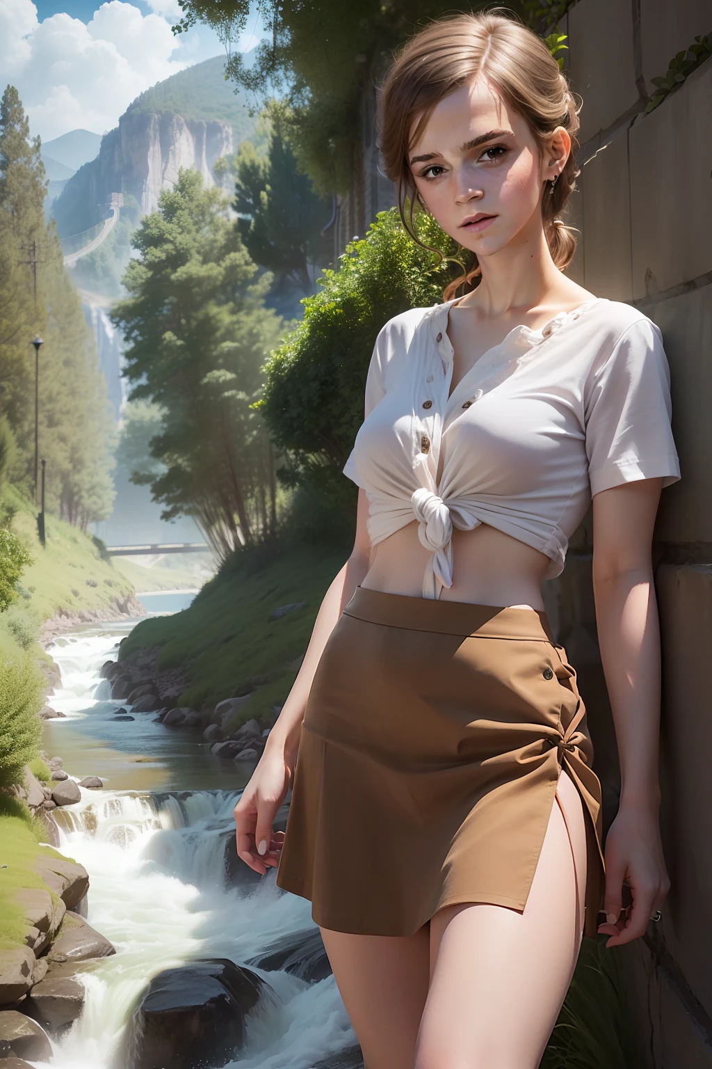 (((Emma Watson))), (a very tall slender woman wandering up the wall on a mountain river), (round breasts), (big eyes), ((small head)), (((She wears a crop white knotted shirt))), (((she wears a brown cotton skirt))), (photorealistic), (ray tracing), (cinema lighting), (sharp focus), (detailed face), natural and realistic skin textures, soft face, whole body