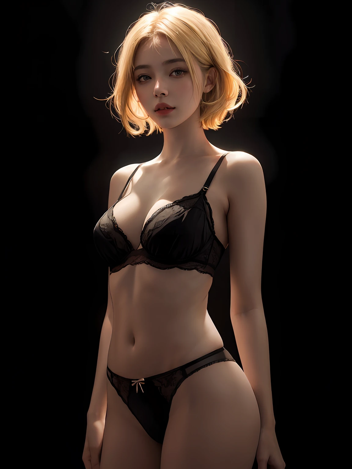 beautiful girl, blonde hair, short hair, dark solid background, soothing tones, muted colors, high contrast, (natural skin texture, hyperrealism, side lighting, sharp), black lingerie, big breasts, sexy body, cowboy shot