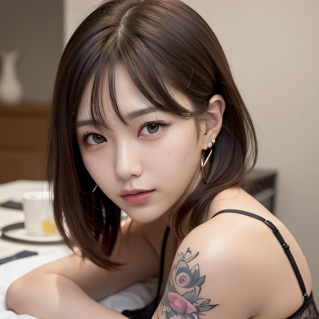 (Best Quality, 8K, 32K, Radiosity, Photon Mapping, Octane Rendering, Obraprima, DBZ: 1.2), Detailed Skin Texture, Detailed Pore Reproduction, Detailed Hair Reproduction, Cute Japan Woman Photos, Solo, 30 Year Old Woman、、、、、、 Small, Purple Color Sexy Yukata, Pink Sheer Bra, 30 Years Old, Sexy, Mariko Shinoda, 1Gril, Light Brown Hair, Brown semi-short hair, many piercings in the ears, necklace, (details pink bra: 1.1), (slouch: 1.8), POV, hands on the table: 1.1, smile, many tattoos, model figure, slouching, upper eyes, ink and color, slender muscles, a lot of eyeshadow, eyeliner, elongated eyebrows, with many tattoos on the body, 8k wallpaper, ulzzang-6500, ( Original: 1.2), (Real: 1.4), Ultra detailed, High Definition, Ultra Detail,Fantastic, Fine Detail, Cinematic Lighting, (1girl:1.4), (Brown|Black Hair:1.4), (Realistic Skin:1.2), (Light Brown Skin:1.2),(Small), Beautiful Girl Beautiful Details, Highly Detailed Eyes and Face, Eyes with Beautiful Details, Huge File Size, Super detailed and beautiful, blush, embarrassing, (laughs: 1.2), black eyes, model shooting style, full body shooting, earrings, chain necklace, loft apartment, living room, (almost empty room), sweaty body, sweaty face, bewitching,