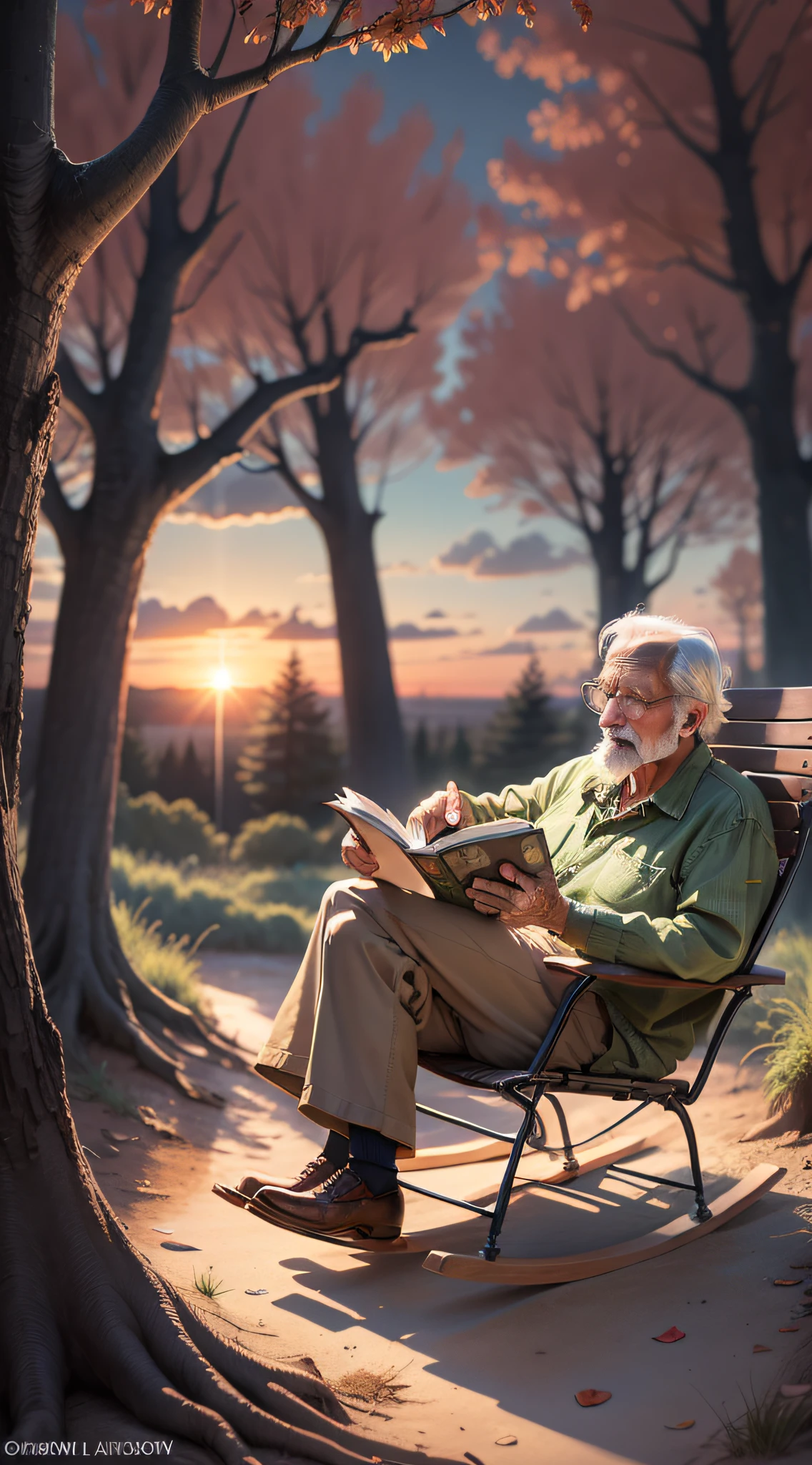 An old man was under a large locust tree, sitting in a rocking chair reading a book, and the sunset sprinkled on the earth