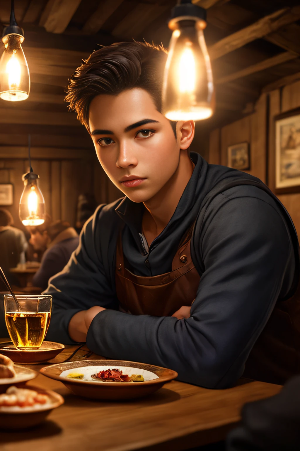 photo by JernauKrisStew, a ( Handsome guy, ), in a tavern, in the style of modelshoot, (extremely detailed CG unity wallpaper 8k), a photo of the most beautiful work of art in the world, majestic professional oil painting by Ed Blinky, Atey Ghailan, Studio Ghibli, Jeremy Mann, Greg Manchess, Antonio Moro, Trending on ArtStation, Trending on CGSociety, intricate, very detailed, Sharp focus, dramatic, photorealistic painting by Midjourney and Greg Rutkowski,  Low light, illuminated torches ((Medieval tavern)), (Looking at the viewer), (Close-up)