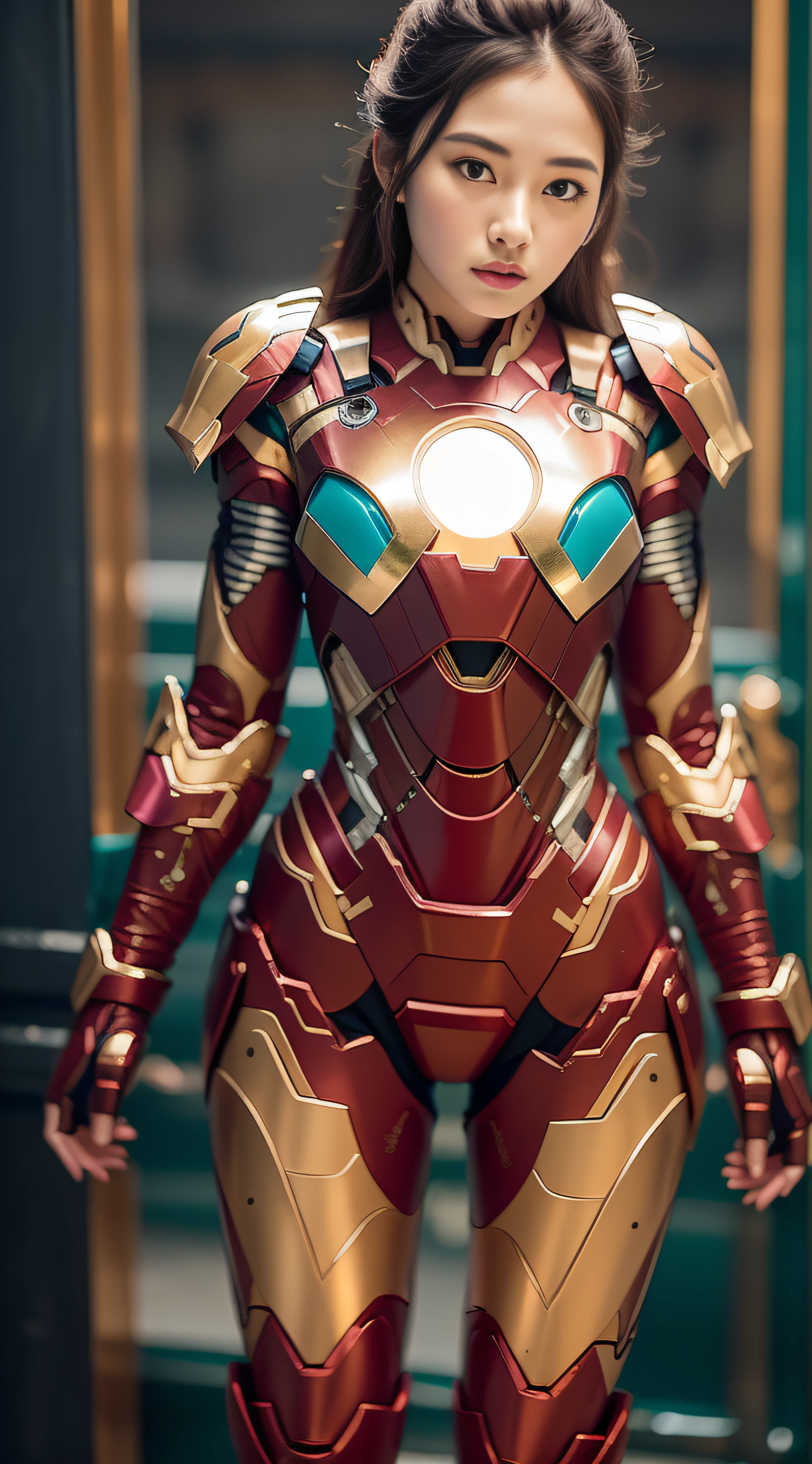 A 19-year-old woman wearing a futuristic Iron Man mech, blue and gold yellow and green color scheme, delicate face, bright eyes, full body photo
