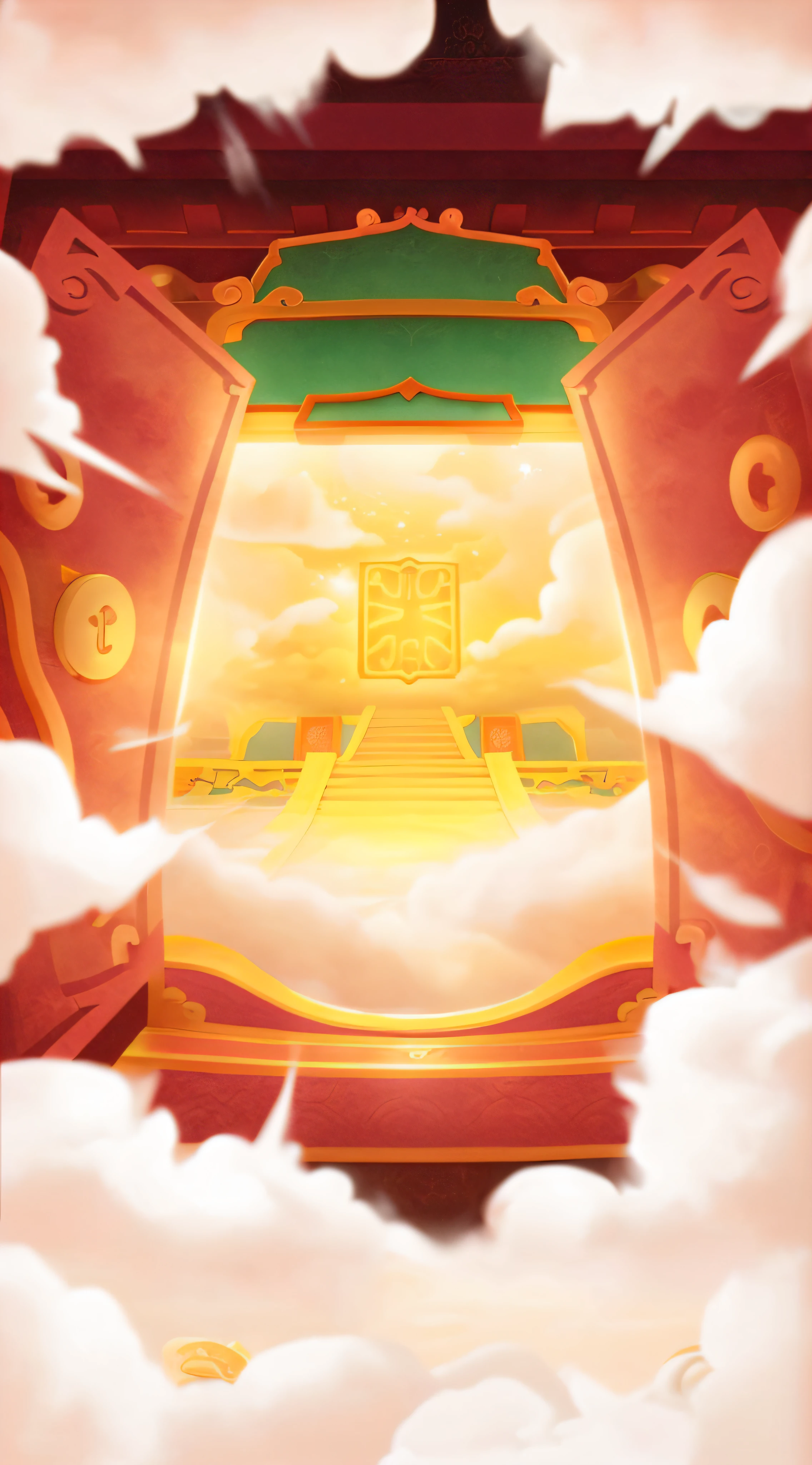 There is a picture of doorway with sky background, Chinese style background, background art, throne lying in the land of fantasy, interior background art, gate of heaven, temple background, background artwork, cloud palace, magic portal in the sky, opening, mobile game art, glowing throne, golden throne, heaven background, in the throne room, throne room