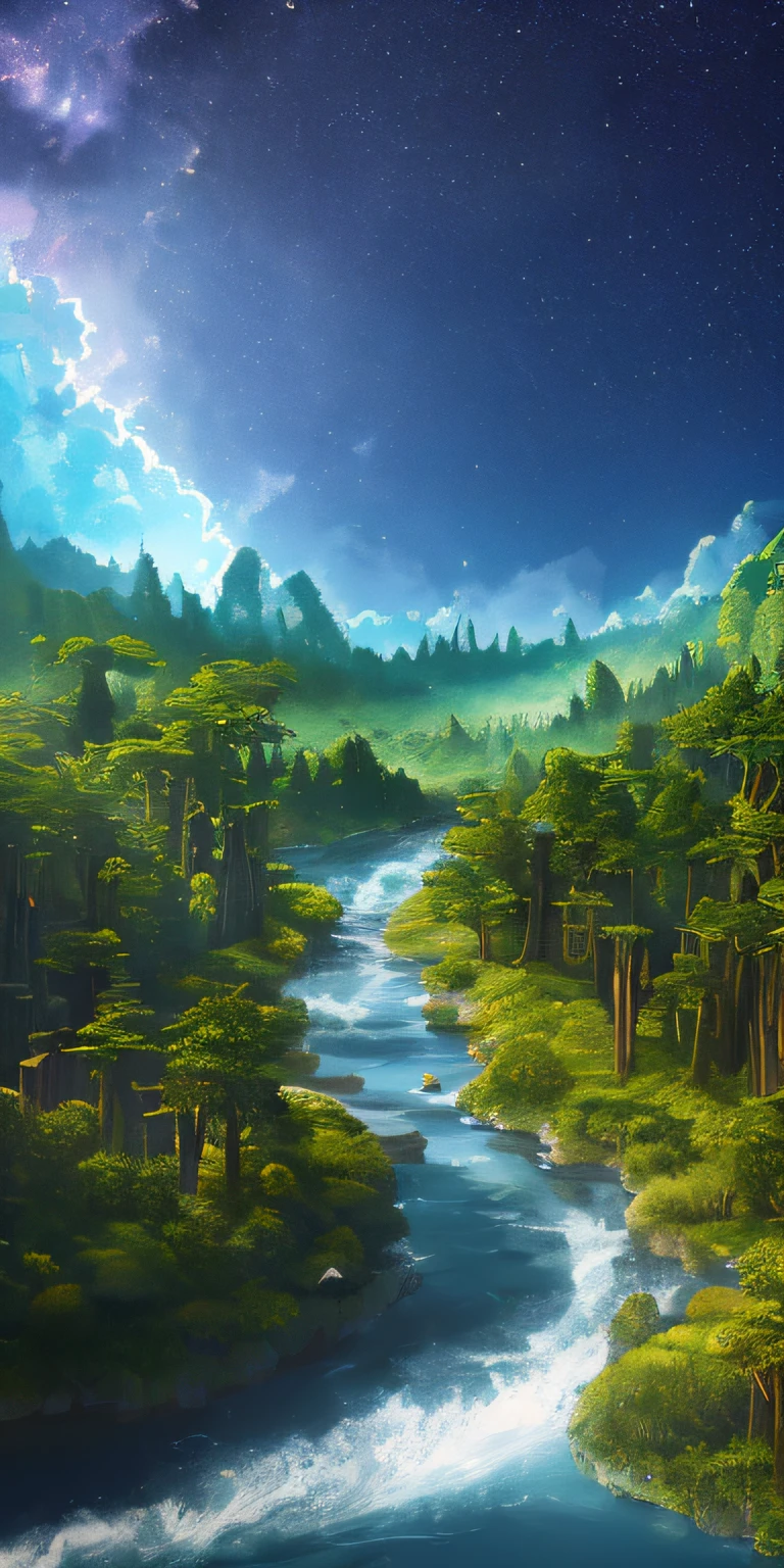 Illustration of a surreal, otherworldly, hyper sky scene including a giant crystal tree full body, highly detailed and magical lighting, intricate forest details, vegetation and surrounding river, solar punk, landscape, giant tree , beautiful green leaves, beautiful lighting and realistic proportions, as if this is a movie background, 8k, highest quality, masterpiece, clouds and stars in the sky.