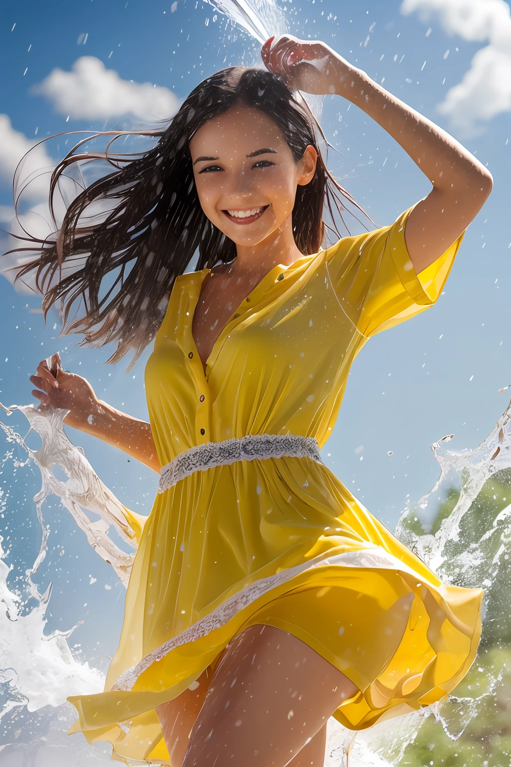 Gorgeous young woman with emotional eyes and wet hair in wet light summer dress with hearts, smiling happily and jumping through puddles in the rain, flying spray, intricate details, 16k, dynamic photo --q 2 --ar 2:3 --c 52 --s 750