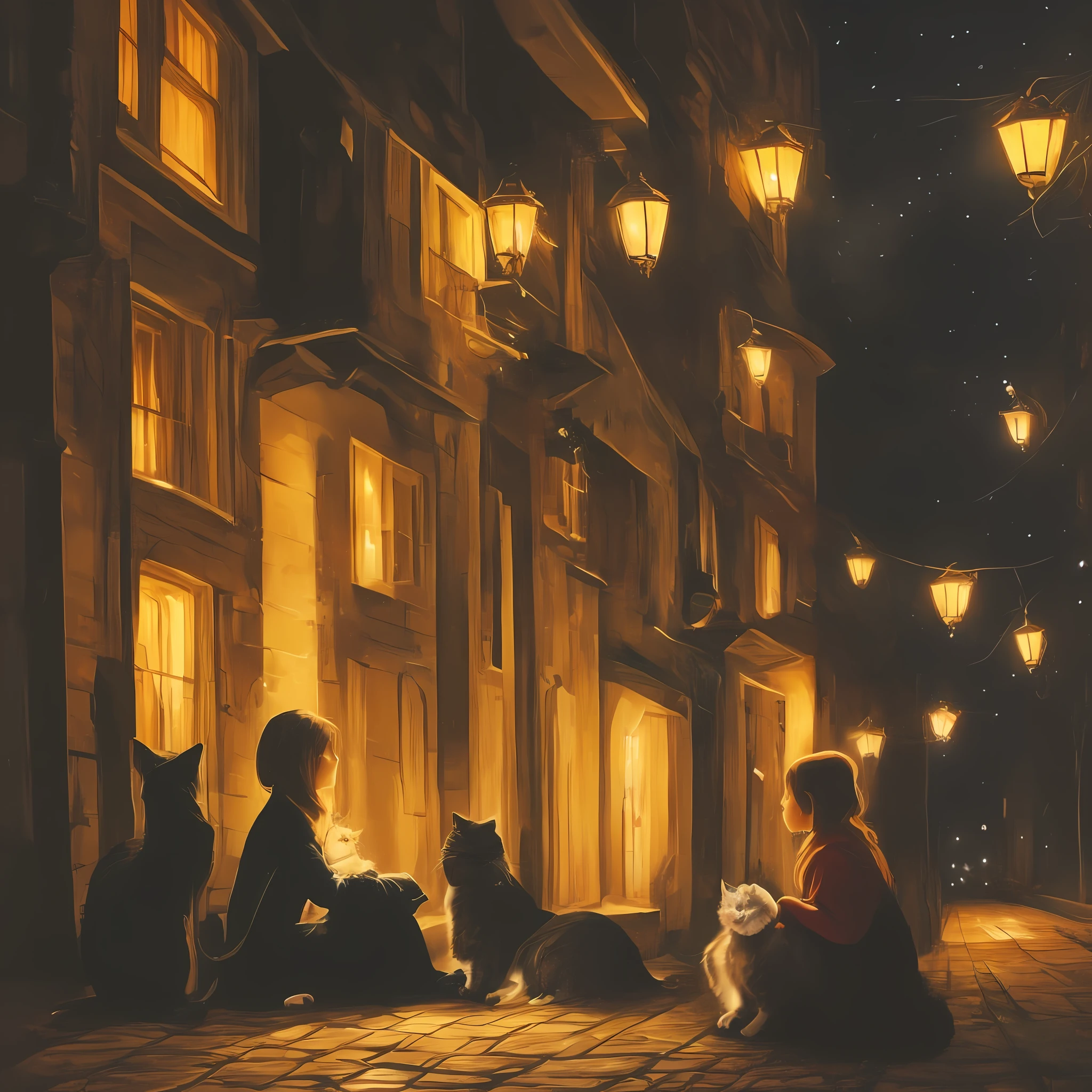 A girl sitting with a cat in night