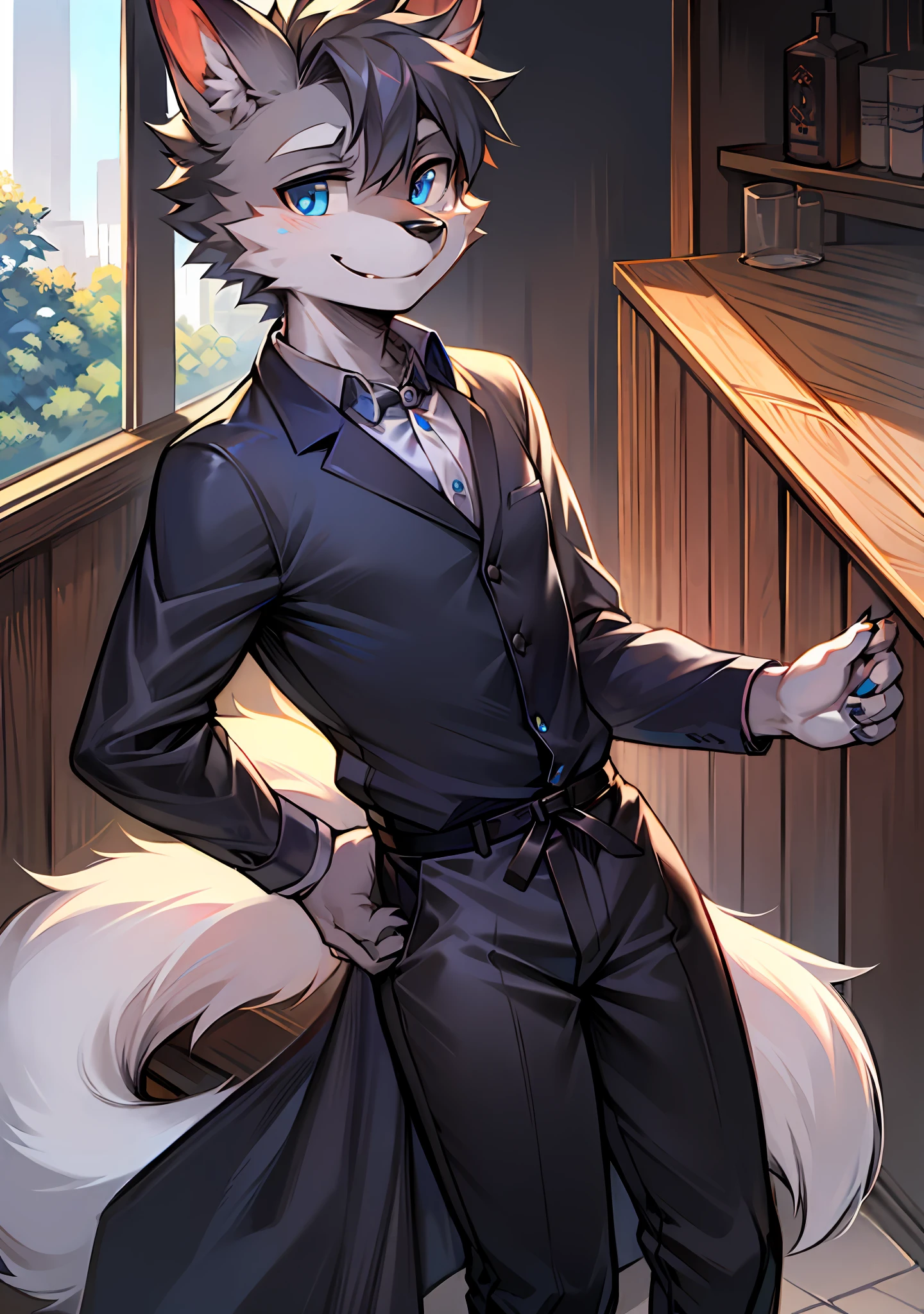 Panorama, character focus solo, bright eyes, big tail, male gray fur, gray, furry, furry male dog, casual dress, sideways head, smiling, blue eyes, teenager, one meter seven, handsome, young style