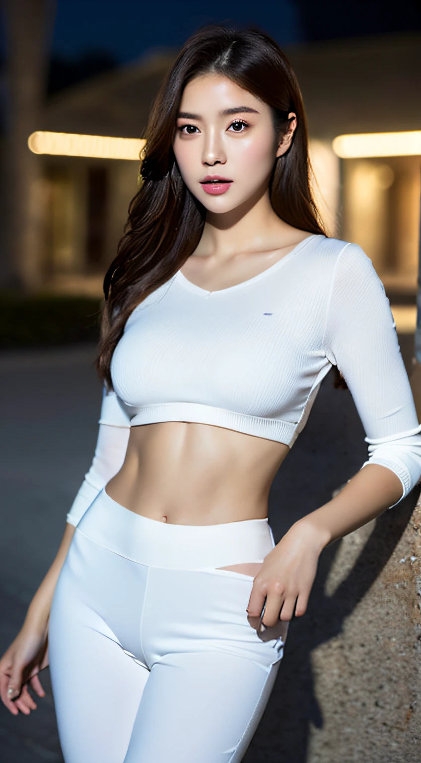 ((Realistic lighting, Best Quality, 8K, Masterpiece: 1.3)), Clear Focus: 1.2, 1girl, Perfect Body Beauty: 1.4, Slim Abs: 1.1, ((Dark Brown Hair)), (White Tight Suit: 1.4), (Outdoor 1.1), City Night View, Super Fine Face, Fine Eyes, Double Eyelids