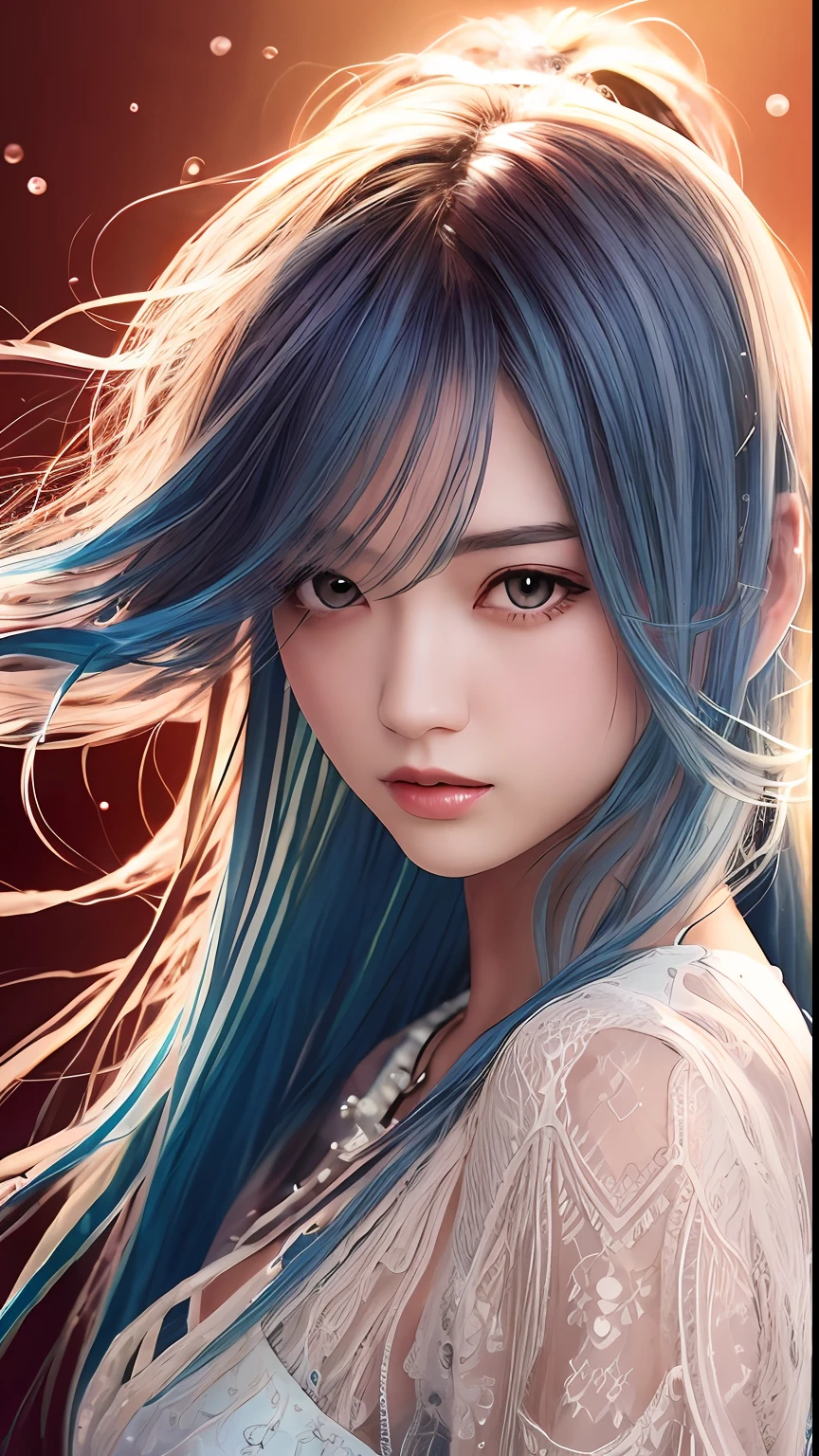 (masterpiece), (best quality), (ultra detailed),(disheveled hair),(illustration), (1girl), (Fashionable clothing), standing, Fashion model, looking at viewer, (interview), (simple background),beautiful detailed eyes, delicate beautiful face, Floating,(high saturation),(colorful splashes),colorful bubble,(shining), focus on face,  ponytail, kamisato ayaka, light blue hair, bangs, hair ring, floating flowers, floating hairs, (shining), best lighting, best shadow,