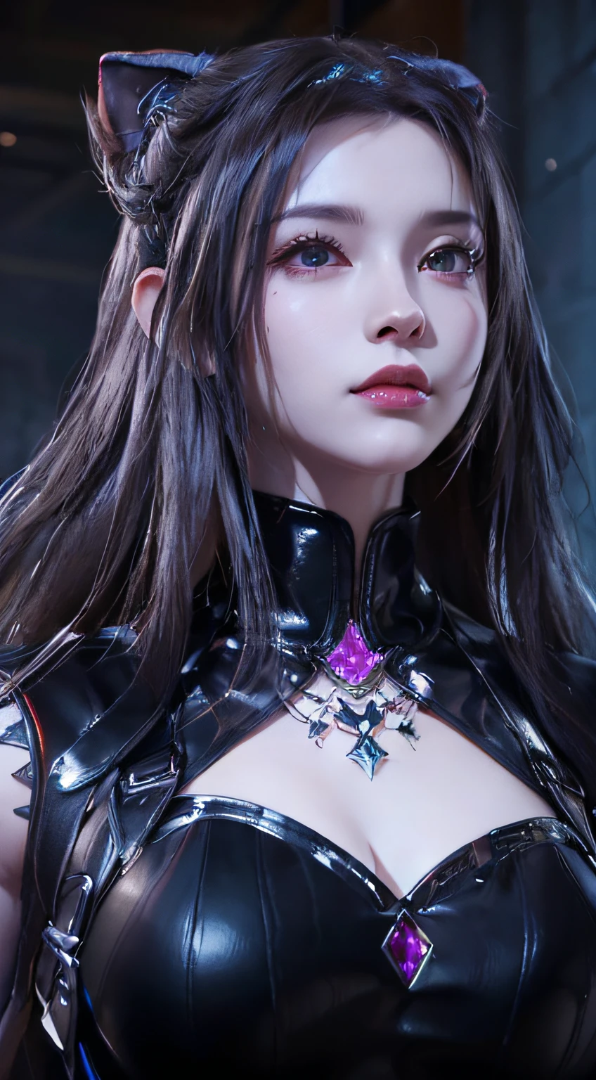 Close-up of a cat-eared woman in a black dress, 8K high quality detail art, 3D rendered character art 8 K, 4K detail fantasy, game CG, Artgerm; 3D Unreal Engine, smooth anime CG art, wearing shiny breastplates, ultra-detailed fantasy characters, 8K art bacteria bokeh, portrait of Tifa Lockhart,