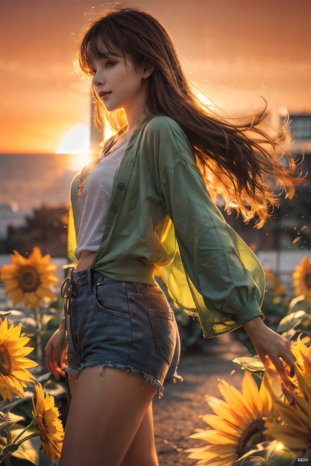 Side view, a girl in a vast sunflower plantation, wearing a green shirt and a thin cardigan, looks cheerful and happy, and at sunset, there is golden sunlight penetrating between her hair and drifting in the wind. (Masterpiece, Realistic, Best Quality): 1.4, Exquisite Photos, Intricate Details, Ray Tracing, High Resolution CG, Ultra Detail, 8k Wallpaper, Unity, Art Station, DSLR Camera, High Resolution Photography, Best Shadows, Cinematic Light, Full Body Shot,