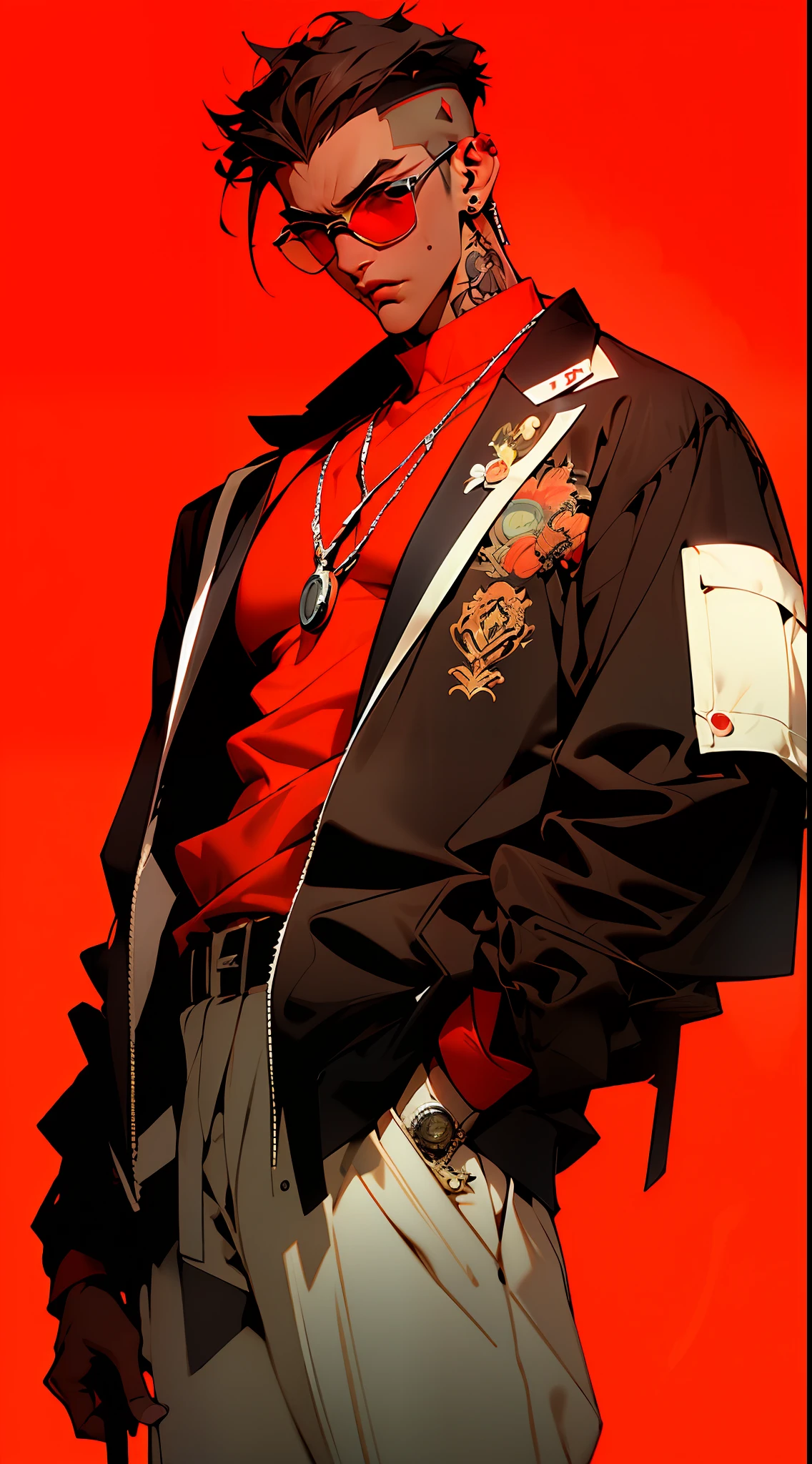 ((Masterpiece, Extreme Quality, Gangster Aesthetics)), 1 Boy (22 years old), Super Handsome Tattoo (Ruffian), Shun Oguri (1.5) (Nakayama suit), dark red background, white skin, super cool pose