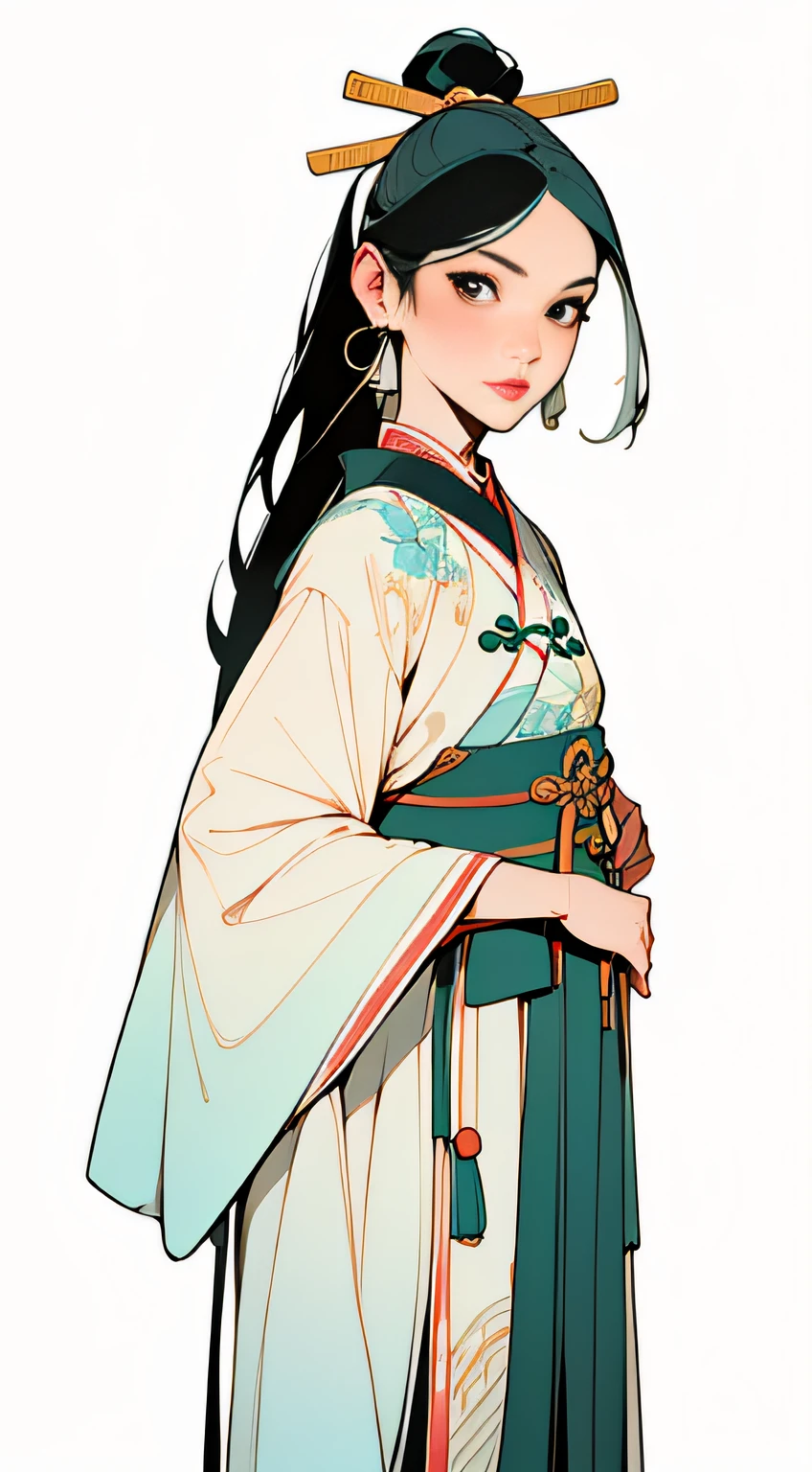 (Masterpiece, Top Quality, Best Quality), ((Wuxia World, Xiuxian, Chinese Wuxia, Wuxia Xiuxian Aesthetics)), (1 Girl Solo), (Close-up), (Gentle Eyes), (Ancient Chinese Clothes, Cyan Robe, Embroidered Collar Uesugi, White Big Sleeve Shirt, Streamers), Light Pink Lips, (Young), Earrings, White Skin, (Hairpins, Long Black Hair), (Hanfu), (Clear Facial Features, Detailed Skin Texture, Beautiful Face), White Background, Standing, Slim Figure, (((flat color))),