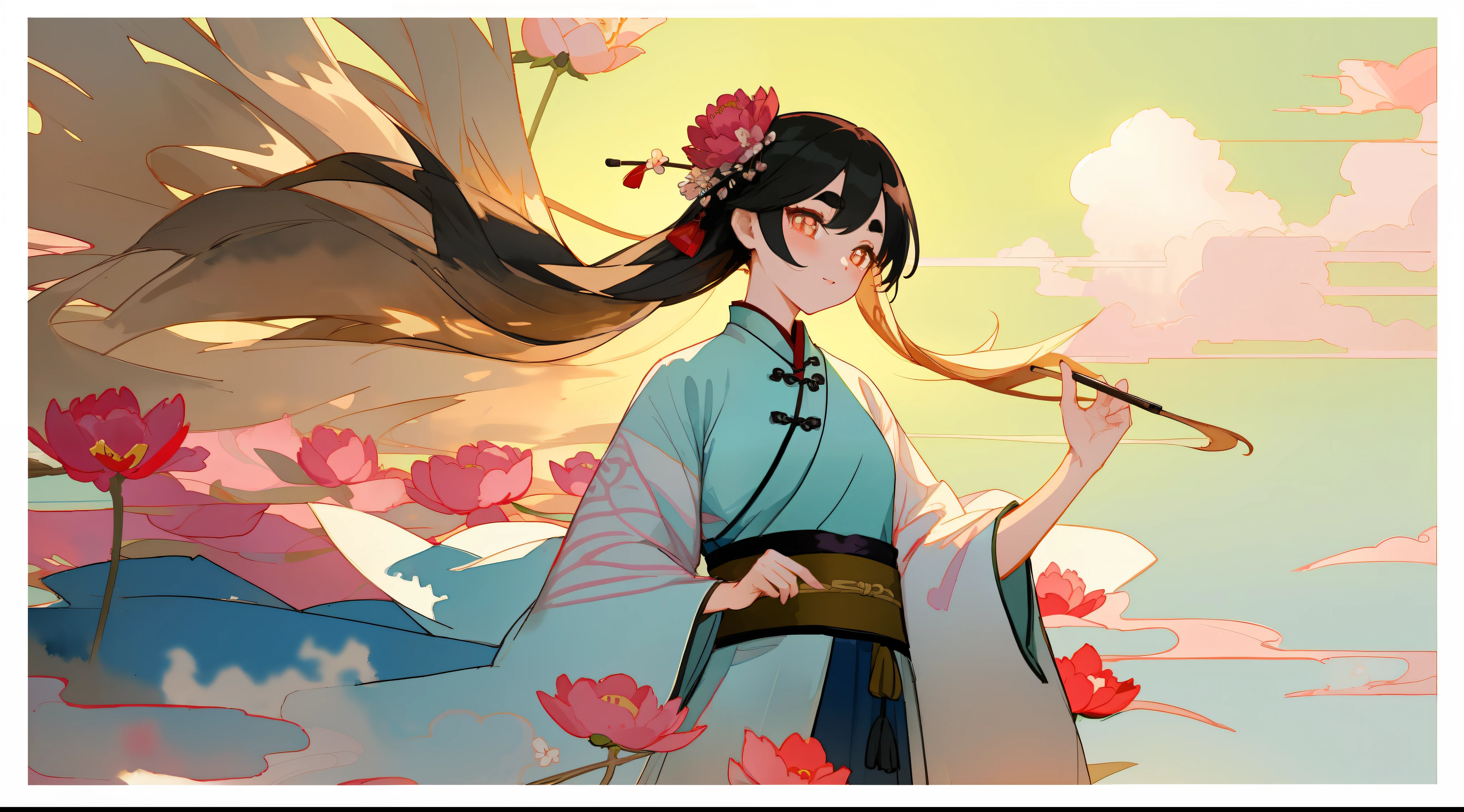 Beautiful Chinese girl, wearing peony hair ornaments, black pupils, wearing Chinese Hanfu, beautiful details, rich light and shadow, beautiful female body, willow eyebrows, delicate eyes, flowing skirt, floating clouds, watercolor, ink, harmonious and unified tone, heart rendering, perfect art, fresh color background, soft shadow, clear focus, cinematography, center composition, poster design