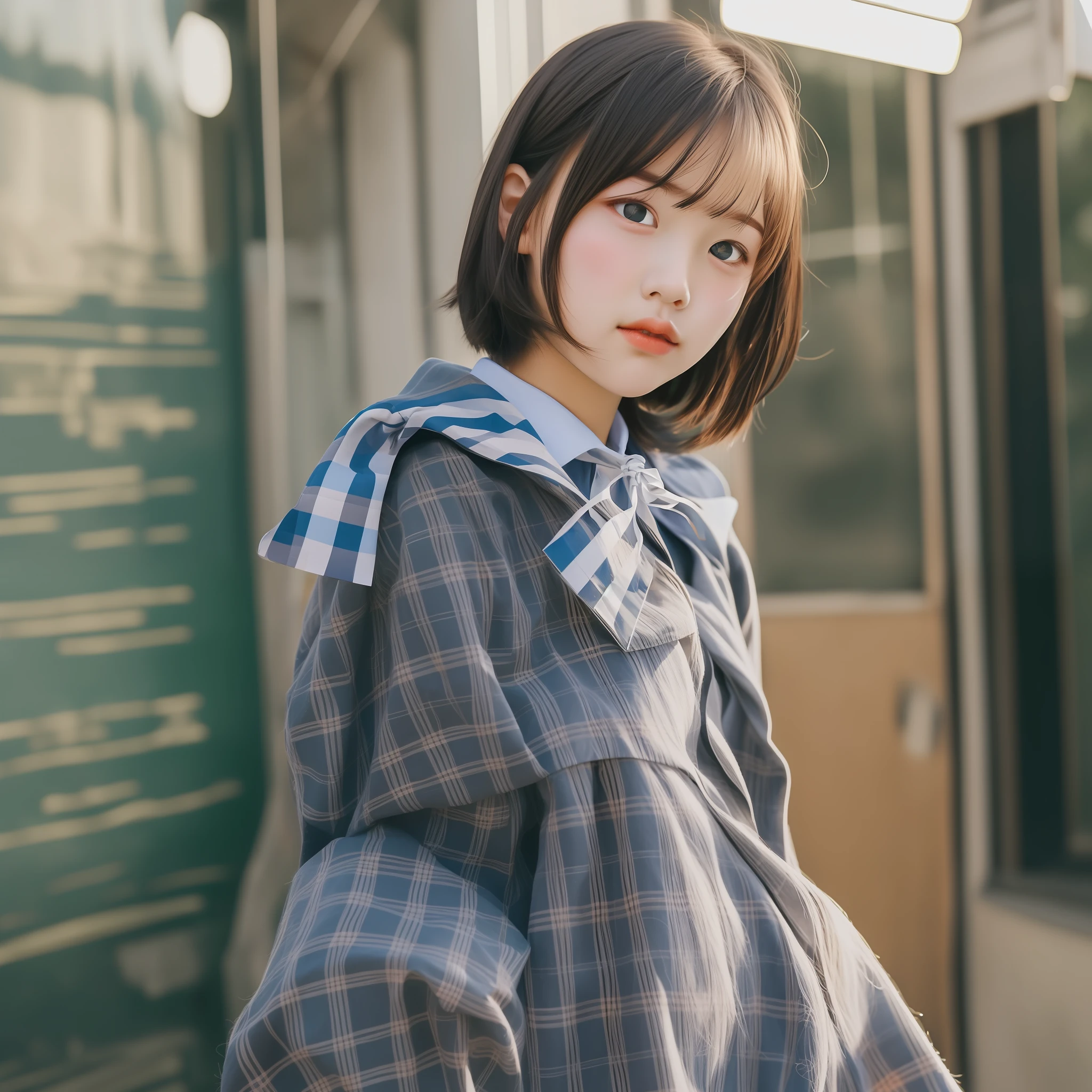 Cute schoolgirl, short cut, face close-shot, summer clothes, no ribbon, puberty, dusk, frontal, portrait, school, camera gaze