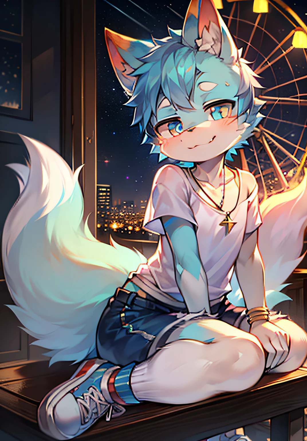 Inside the Ferris wheel, city, night, starry sky, single, orc Shota, light blue hair everywhere, light blue fur everywhere, super cute face, light blue cat ears, light blue short hair, silver necklace, heterochromatic pupil, left pupil gold, right pupil sky blue, band-aid on the bridge of the nose, squint, smile, translucent shawl with powder blue gradient, white T-shirt, collarbone, woven bracelet, band-aid on the jaw, shorts, large and fluffy fox tail, three tails, white socks, sky blue low-state sneakers, 3D, bokeh background, Look at the viewer, look down