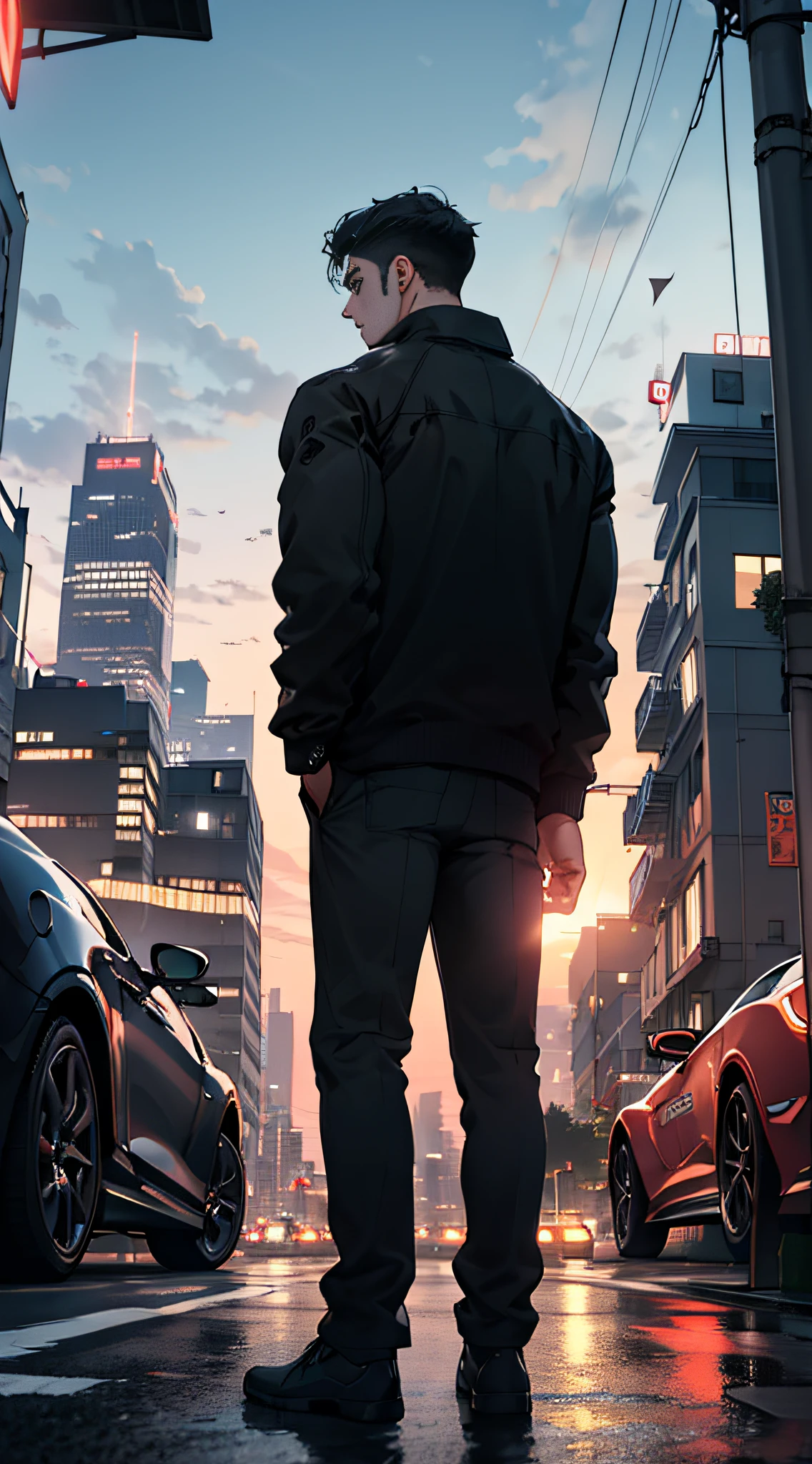 1man, 1woman, masterpiece, best quality, ultra high resolution, dusk, (back-to-back: 1.5), cityscape, depth of field, short black hair, standing in front of a sports car, ((male focus)), single male, mature, handsome, high cold female