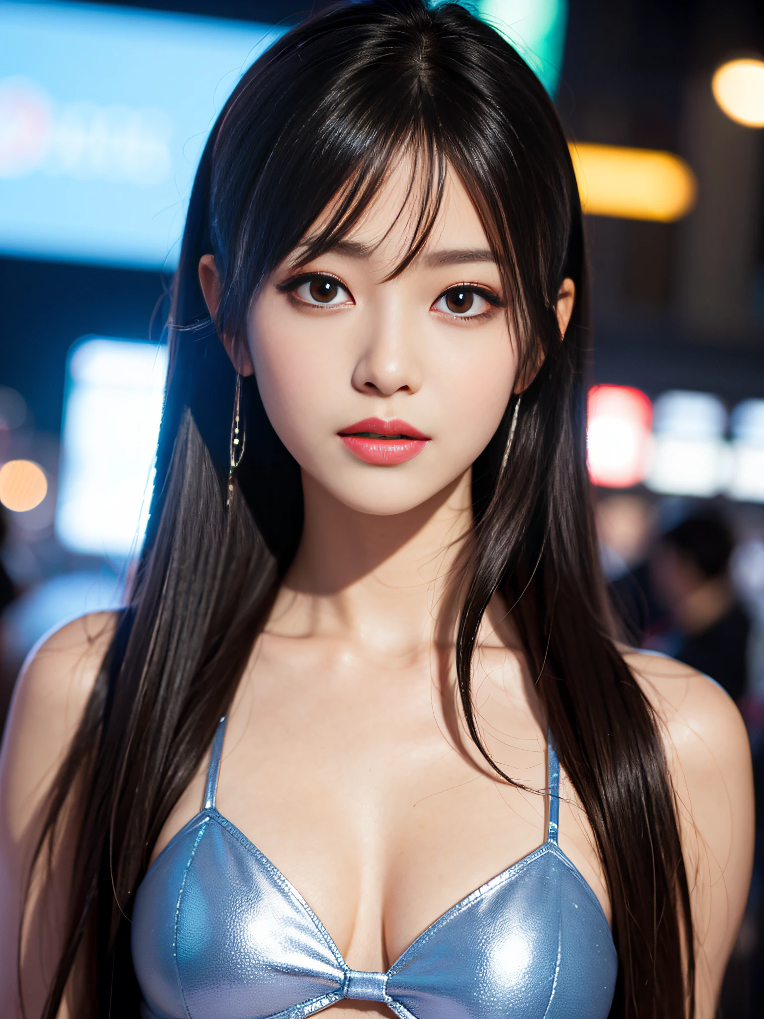 A girl, long hair, half picture, city, future, science fiction, black silk, shorts, night scene, midnight, blue light, neon, night, face close-up, delicate features, beautiful girl, beauty, charming,fashi-girl,red lips,realistic,makeup,